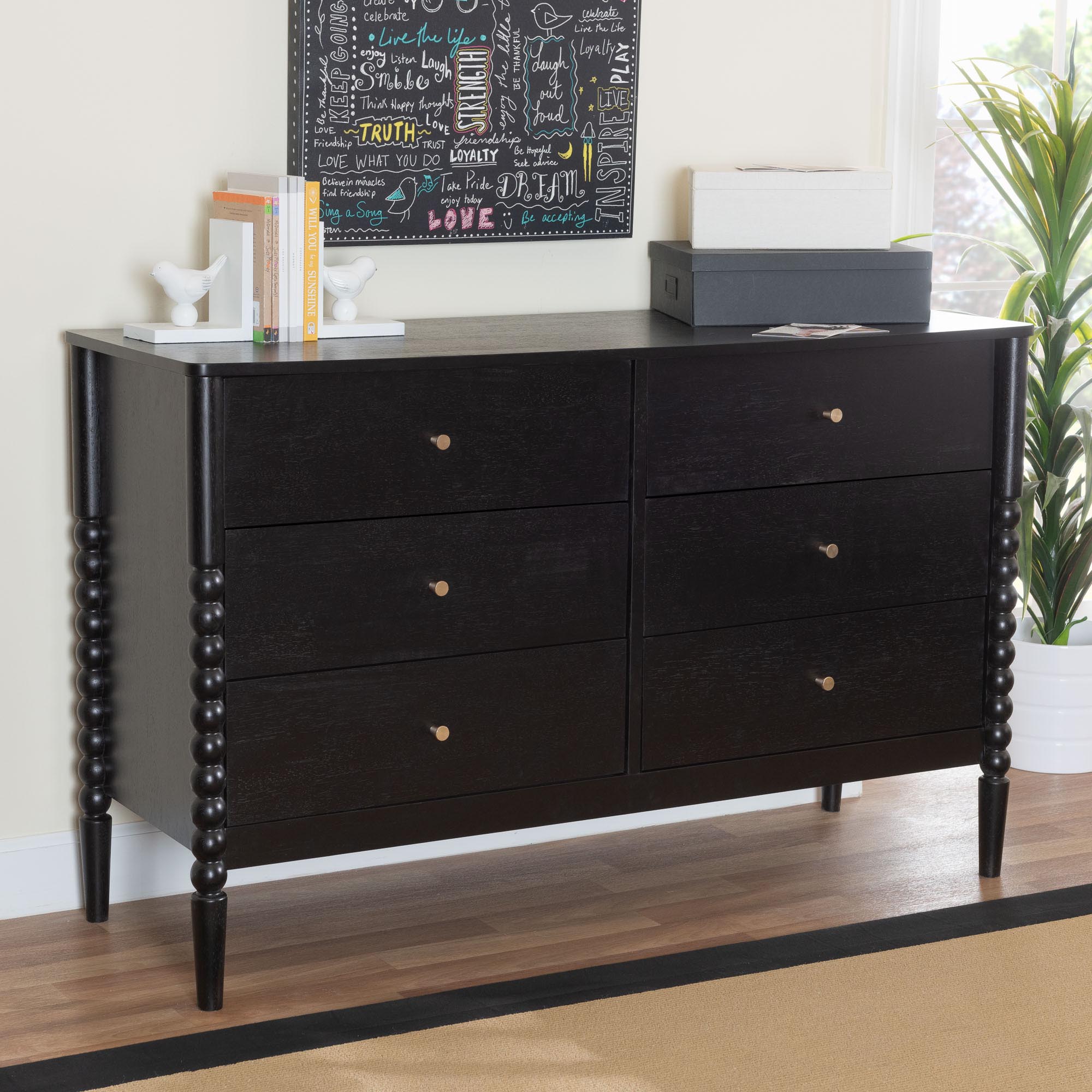 Lucera Mid-Century Black Bobbin Wood 6-Drawer Dresser