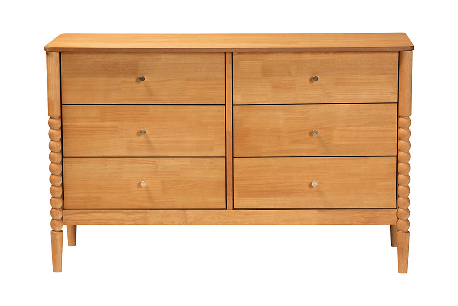 Lucera Mid-Century Oak Brown Bobbin Wood 6-Drawer Dresser