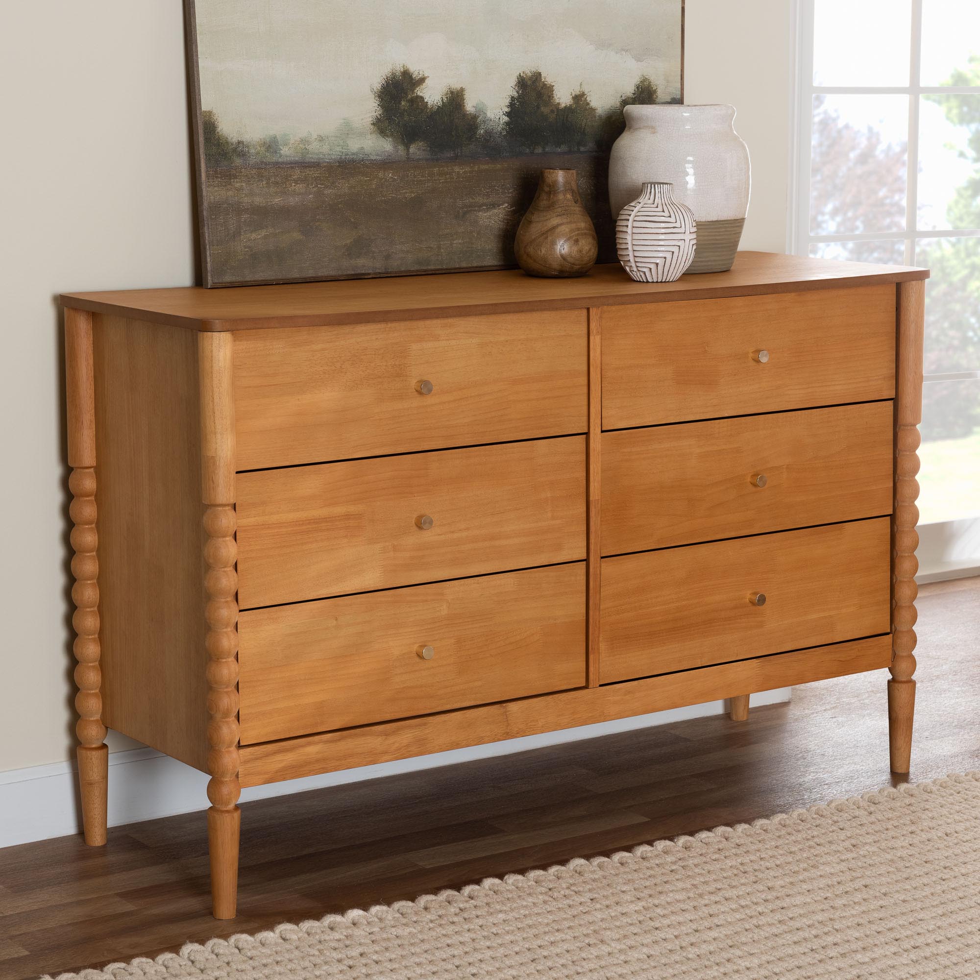 Lucera Mid-Century Oak Brown Bobbin Wood 6-Drawer Dresser