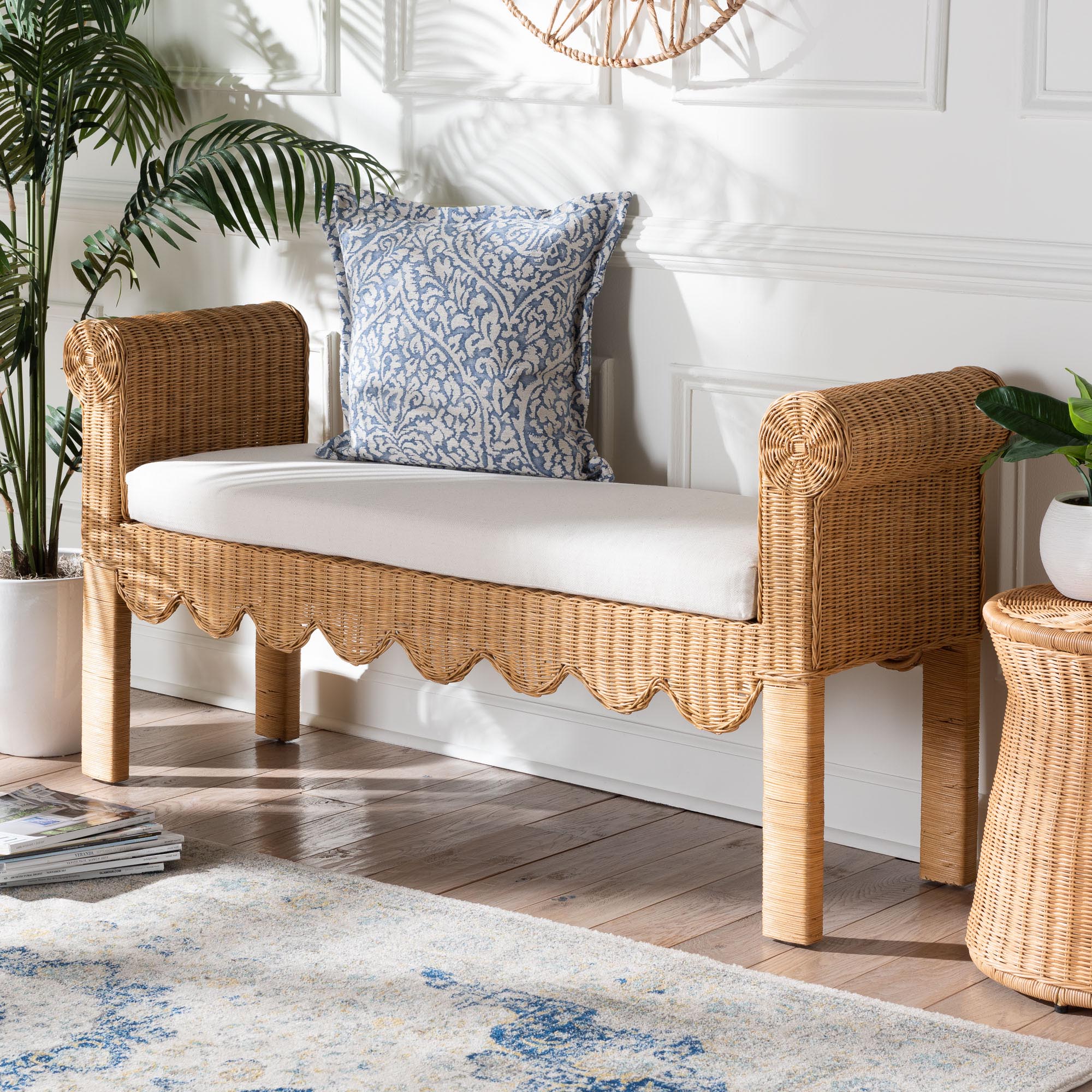 Reiko Handwoven Natural Rattan Bench with Scalloped Detailing - Boho Farmhouse Entryway, Bedroom, or Living Room Accent Seating