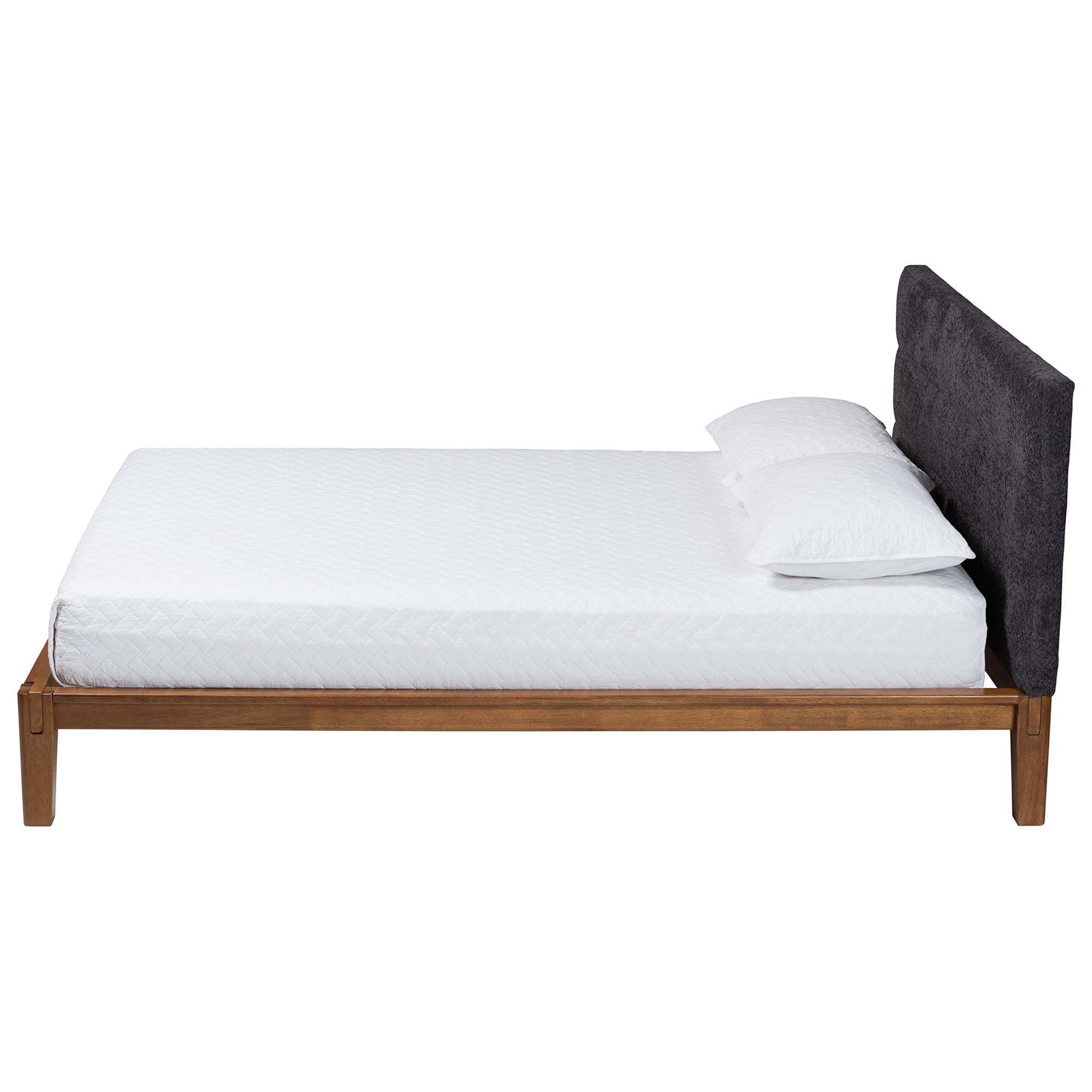 Mariette Japandi Dark Grey Teddy Fabric and Walnut Brown Wood Queen Bed