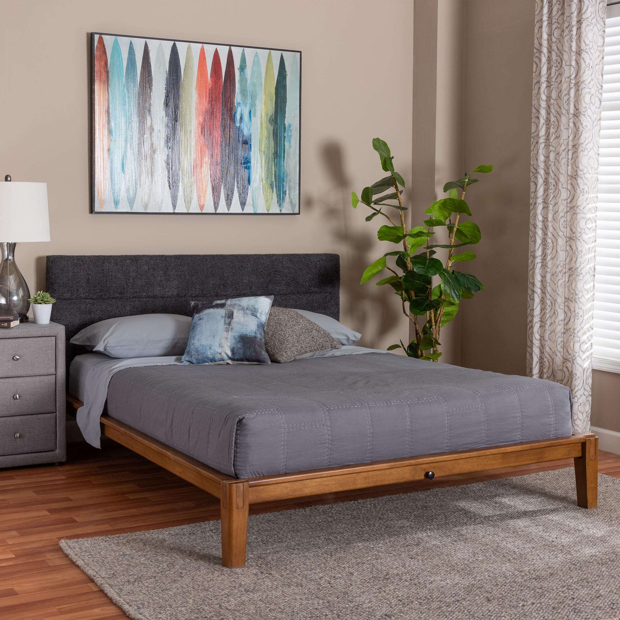Mariette Japandi Dark Grey Teddy Fabric and Walnut Brown Wood Queen Bed