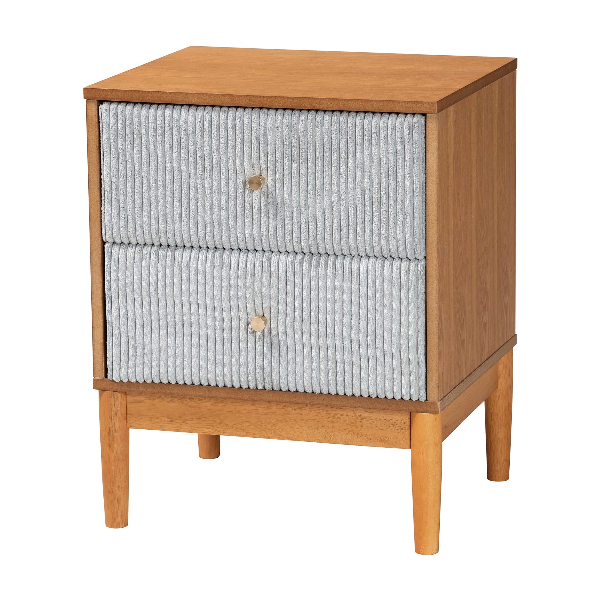 Taylin Mid-Century Grey Corduroy and Oak Brown Wood 2-Drawer Nightstand