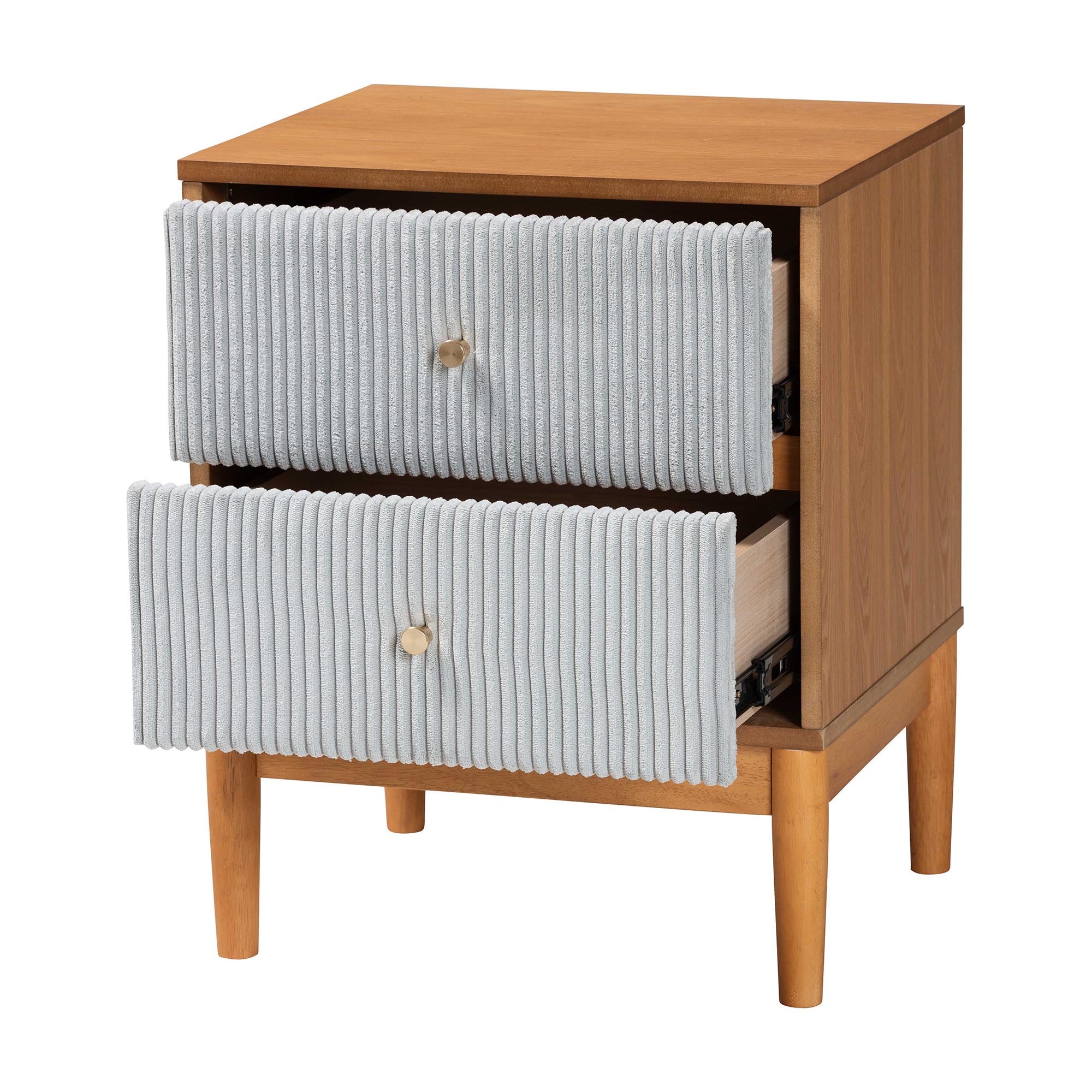 Taylin Mid-Century Grey Corduroy and Oak Brown Wood 2-Drawer Nightstand