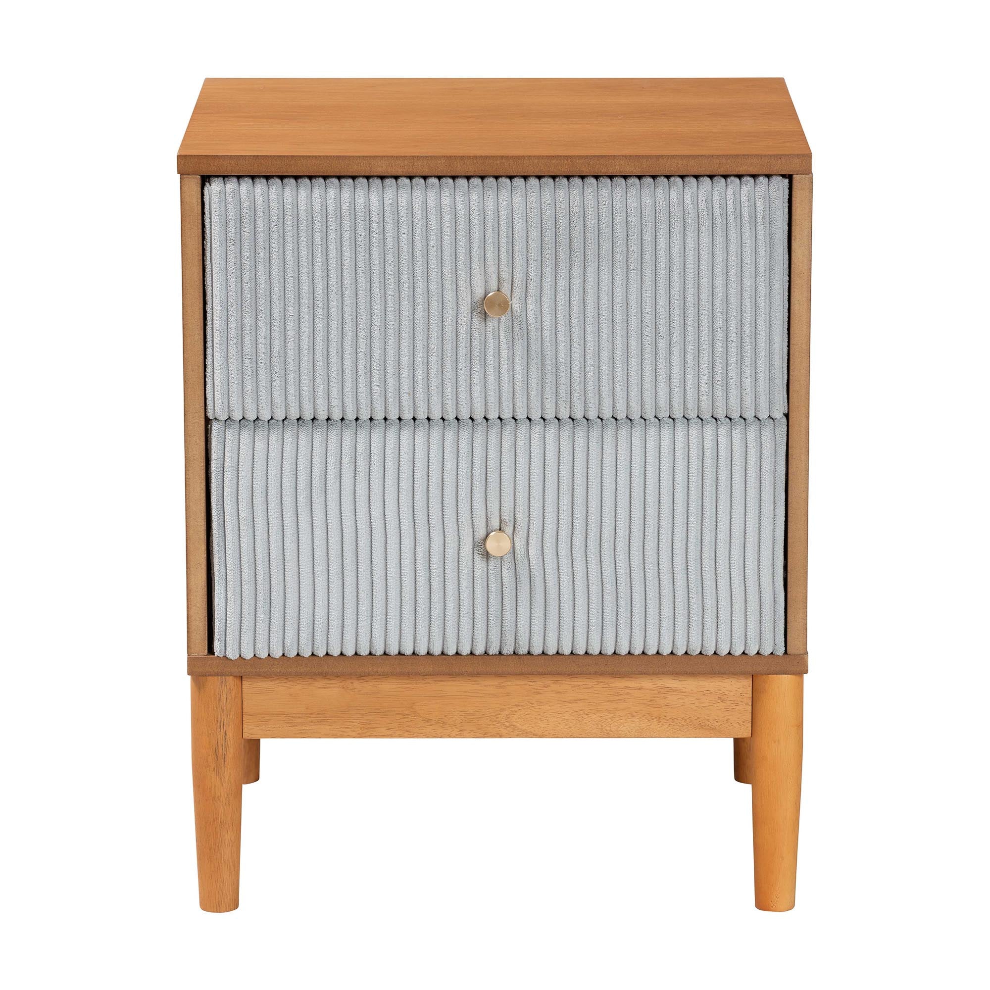 Taylin Mid-Century Grey Corduroy and Oak Brown Wood 2-Drawer Nightstand