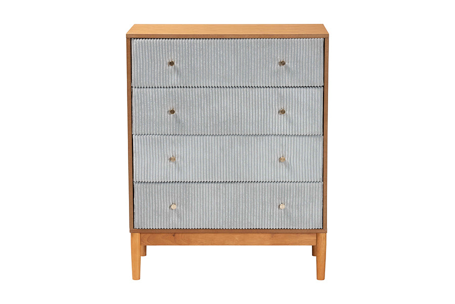 Taylin Mid-Century Grey Corduroy and Oak Brown Wood 4-Drawer Chest