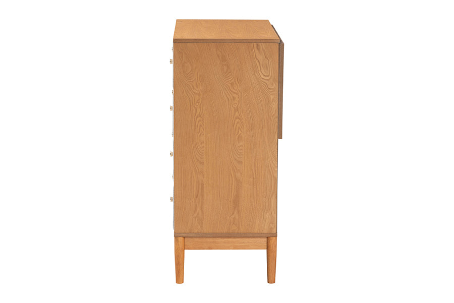 Taylin Mid-Century Grey Corduroy and Oak Brown Wood 4-Drawer Chest