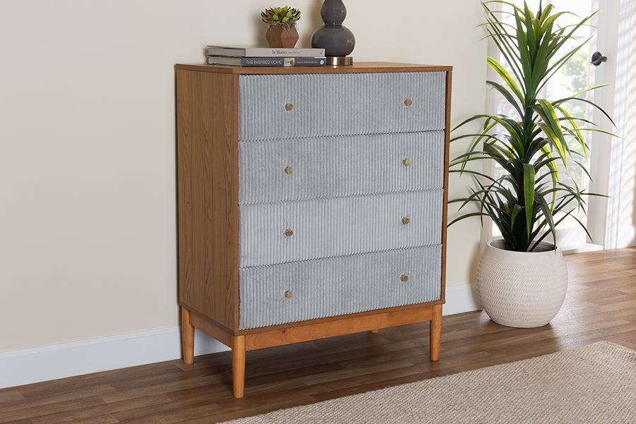 Taylin Mid-Century Grey Corduroy and Oak Brown Wood 4-Drawer Chest
