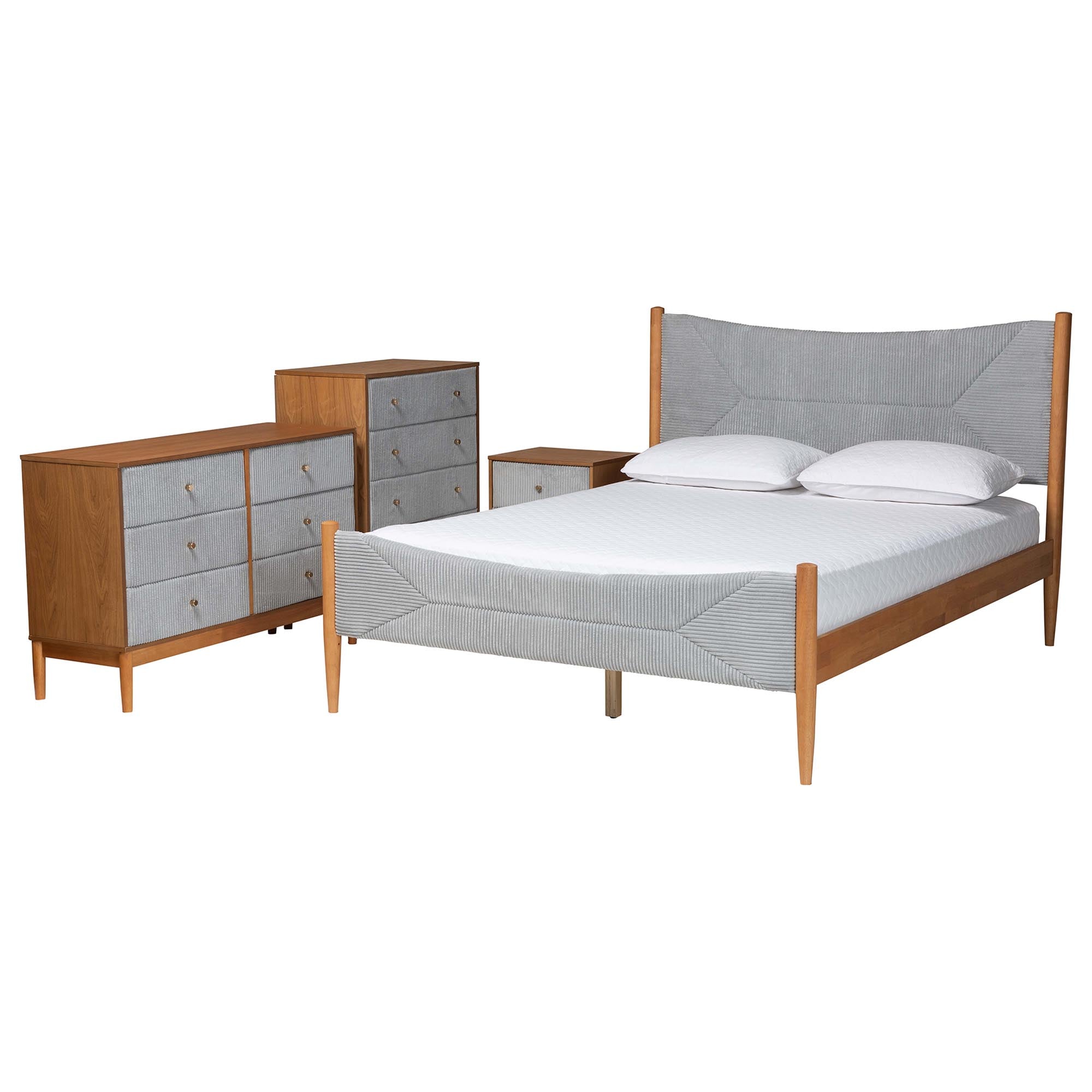 Baxton Studio Taylin Mid-Century Grey Corduroy and Oak Brown Wood Queen 4-Piece Bedroom Set
