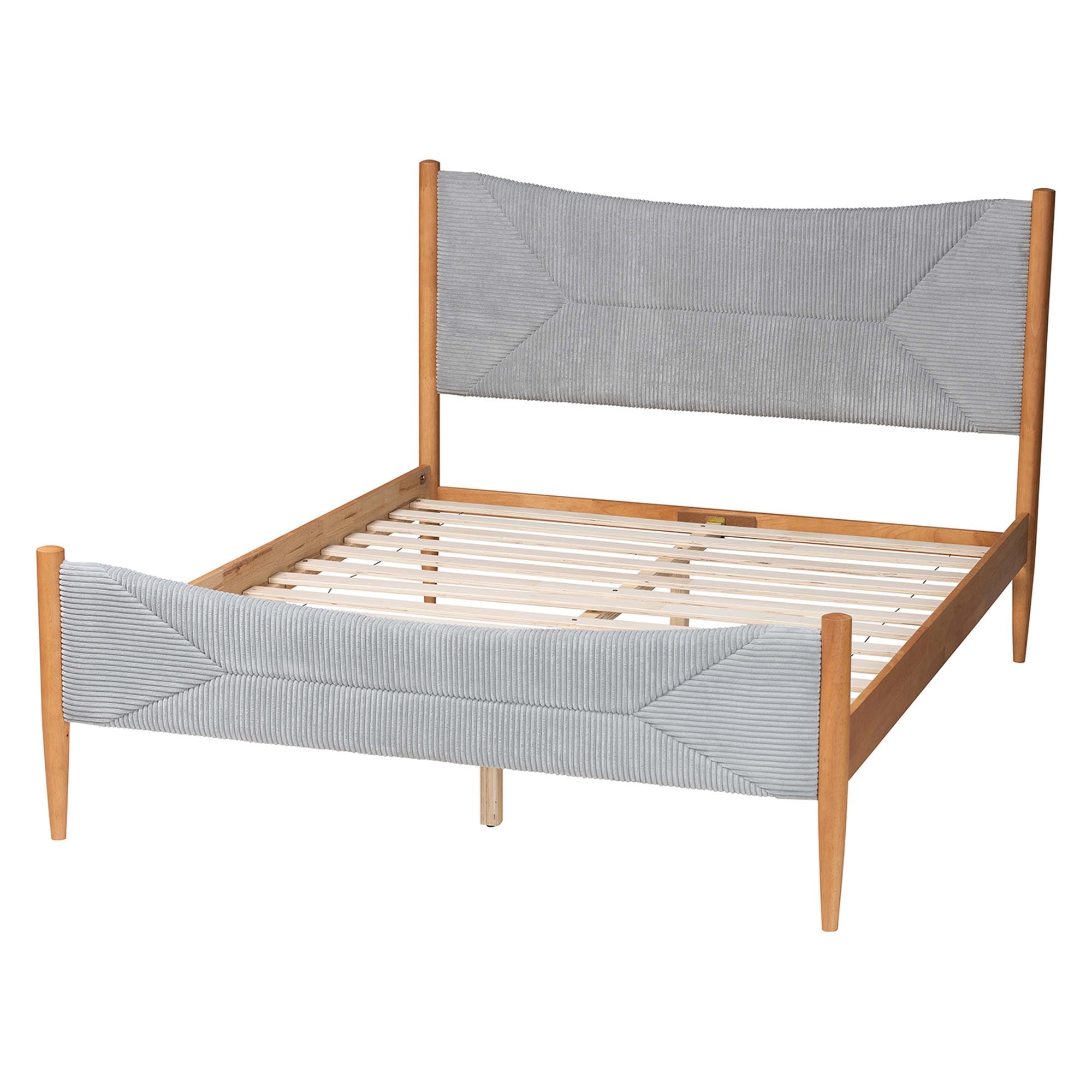Taylin Mid-Century Grey Corduroy and Oak Brown Wood Queen Bed