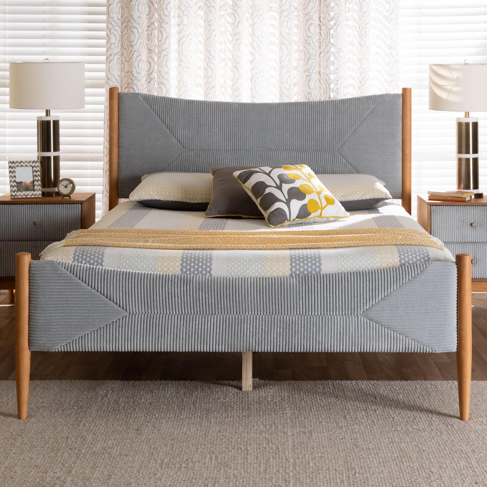 Taylin Mid-Century Grey Corduroy and Oak Brown Wood Queen Bed