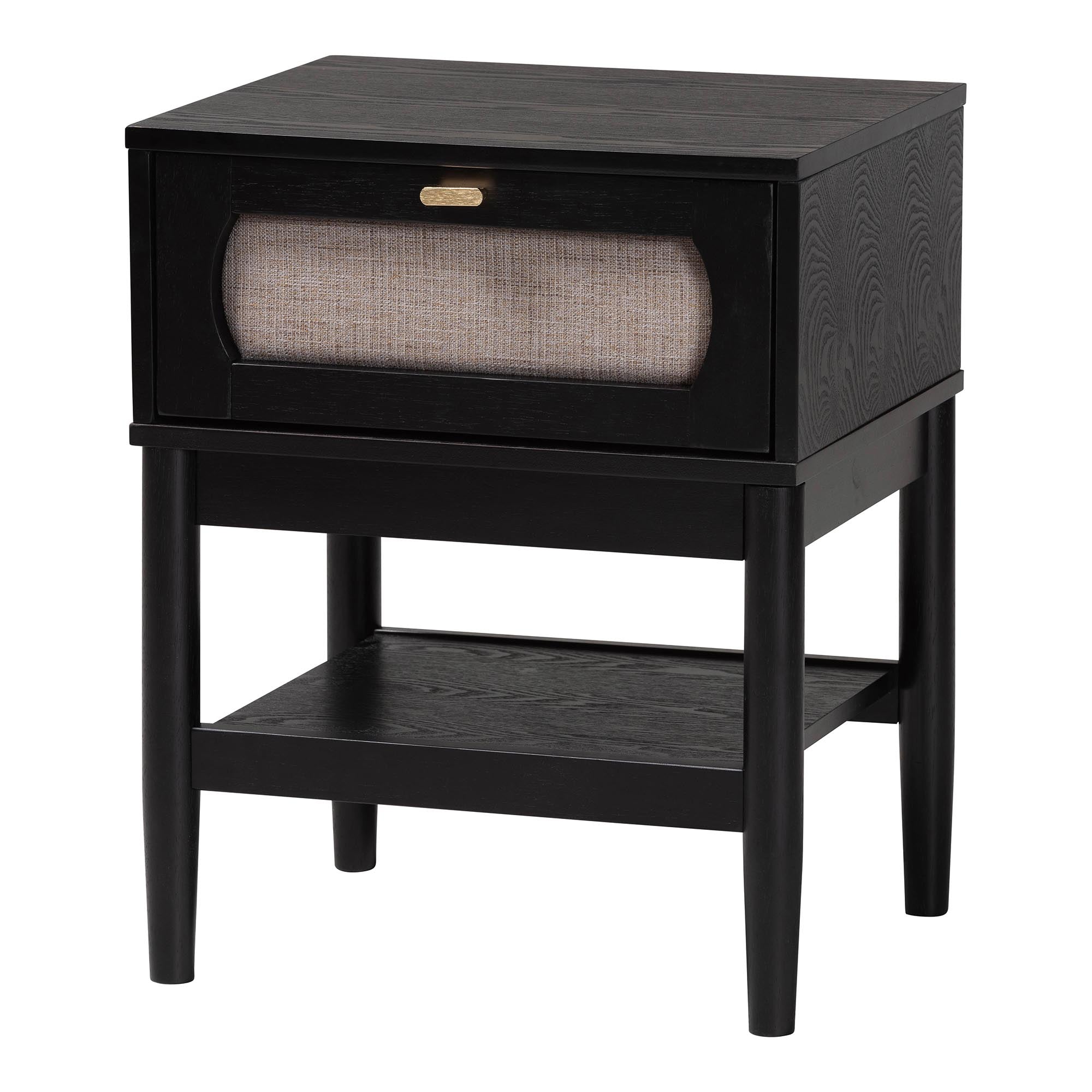 Shirin Mid-Century Beige Fabric and Black Wood 1-Drawer Nightstand