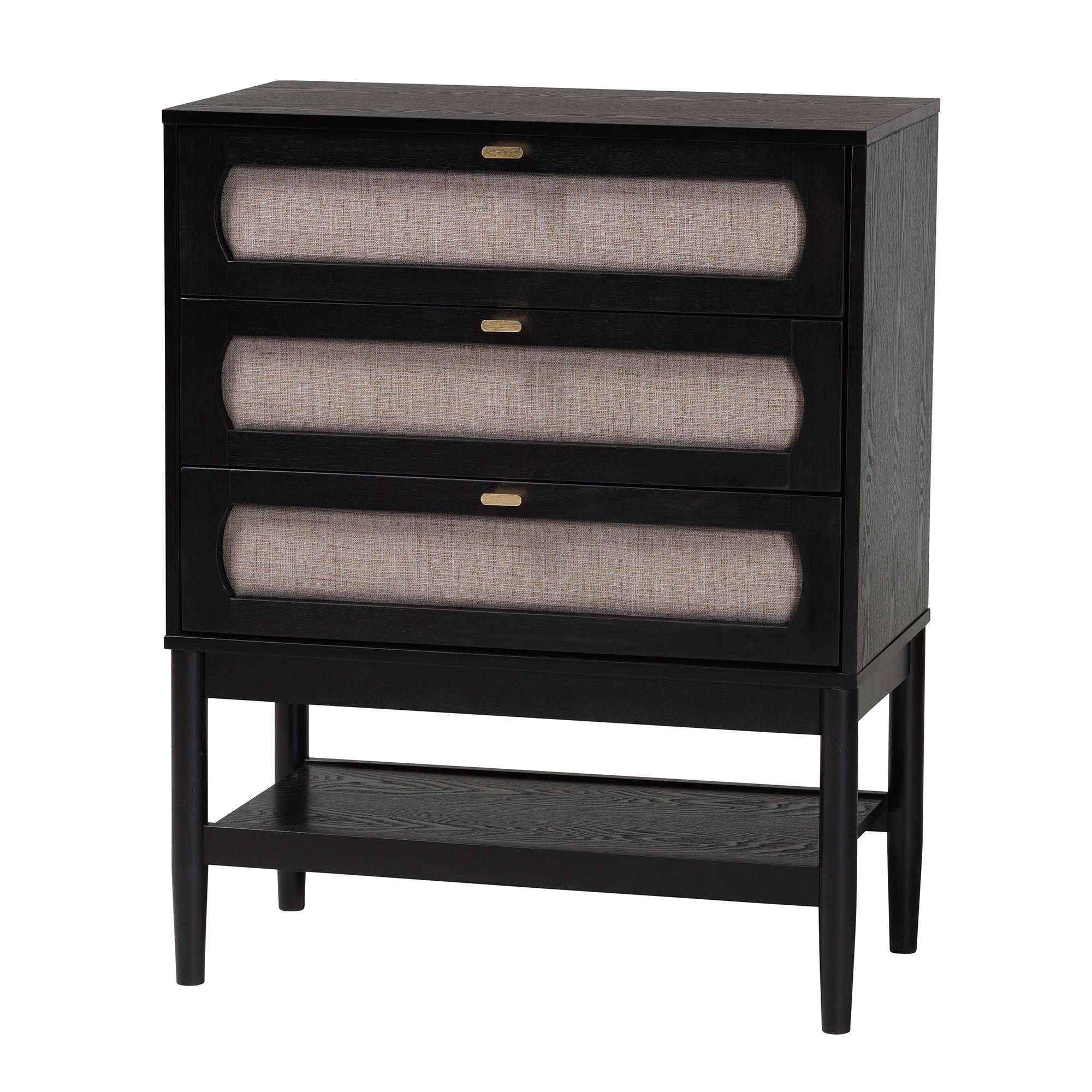 Shirin Mid-Century Beige Fabric and Black Wood 3-Drawer Chest