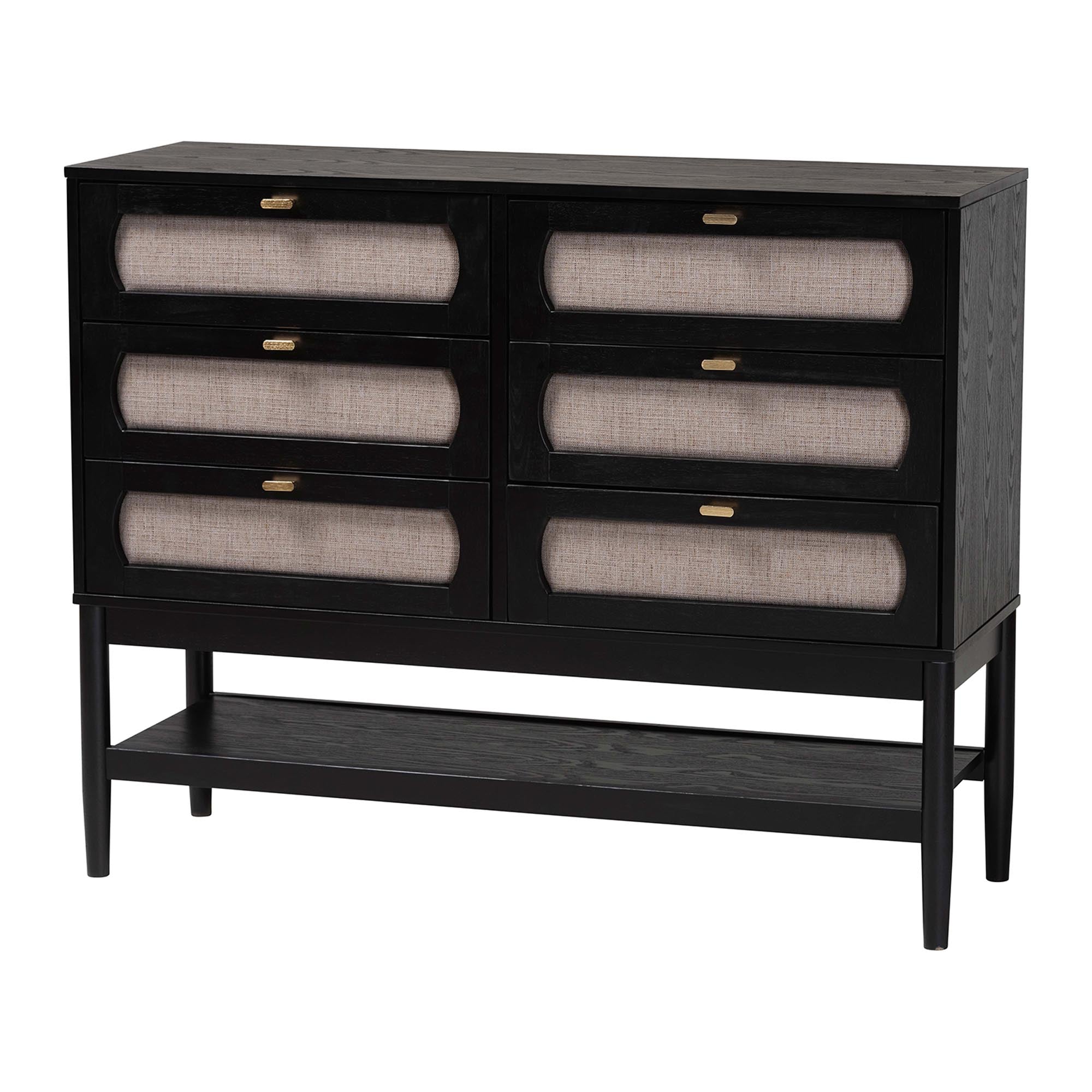 Shirin Mid-Century Beige Fabric and Black Wood 6-Drawer Dresser