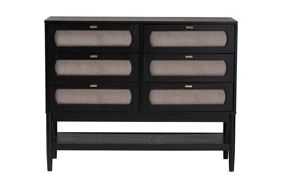 Shirin Mid-Century Beige Fabric and Black Wood 6-Drawer Dresser