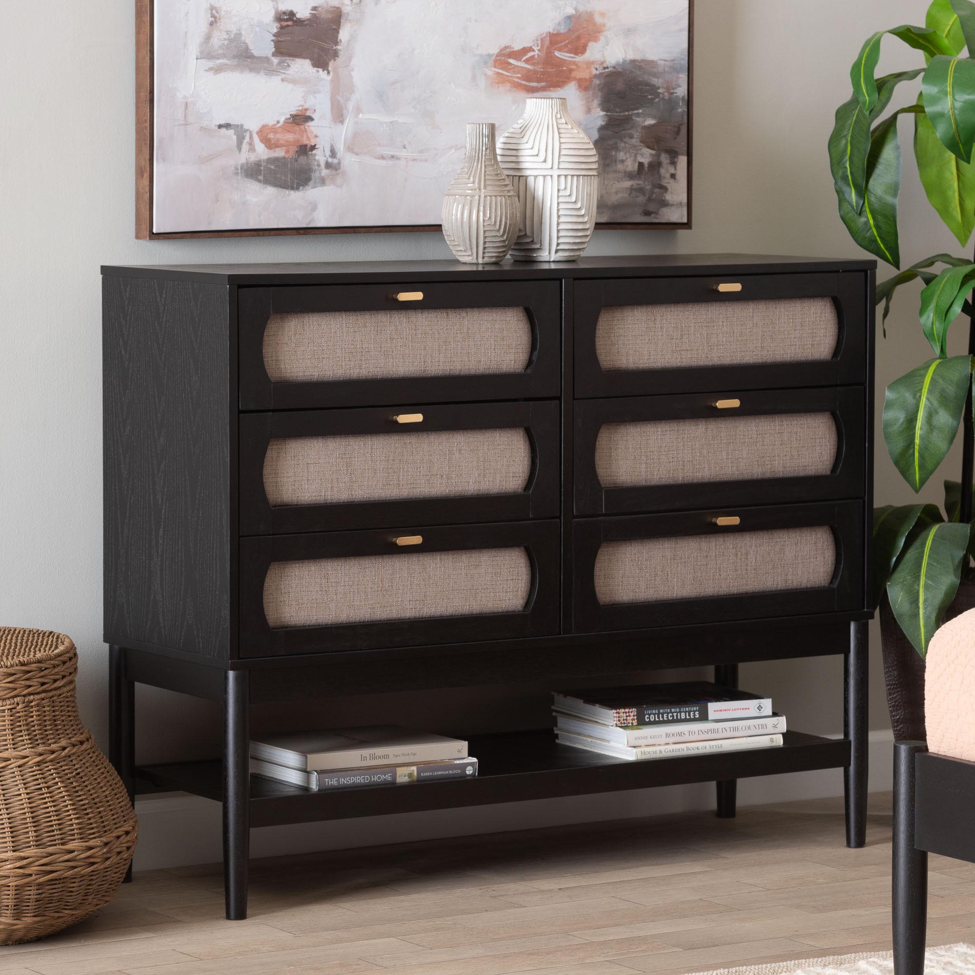 Shirin Mid-Century Beige Fabric and Black Wood 6-Drawer Dresser