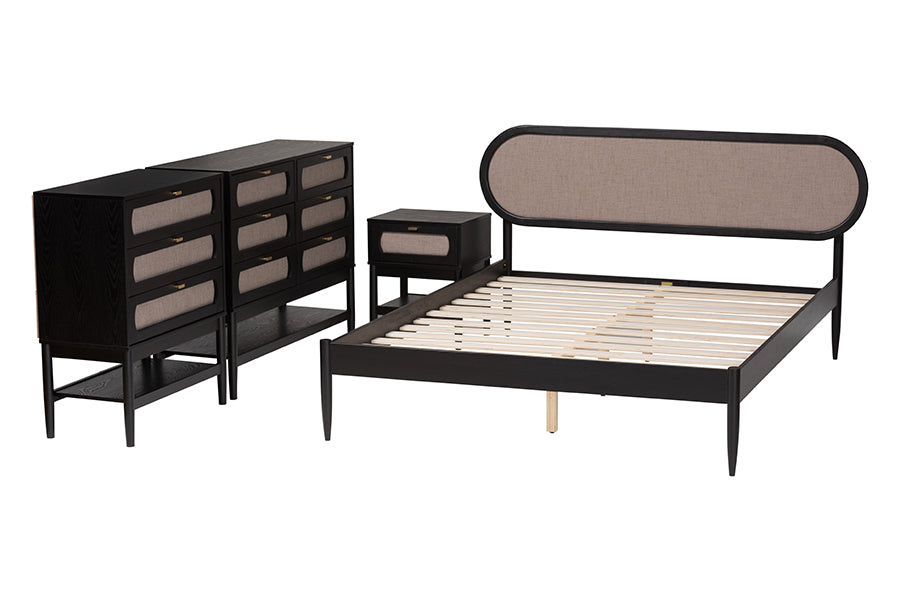 Shirin Mid-Century Beige Fabric and Black Wood Queen 4-Piece Bedroom Set