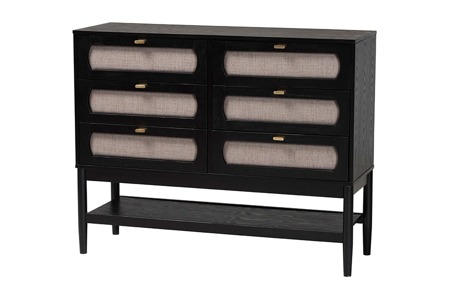 Shirin Mid-Century Beige Fabric and Black Wood Queen 4-Piece Bedroom Set