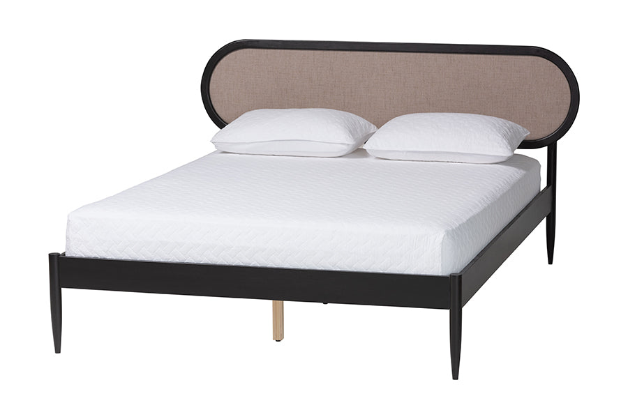 Shirin Mid-Century Beige Fabric and Black Wood Queen Platform Bed