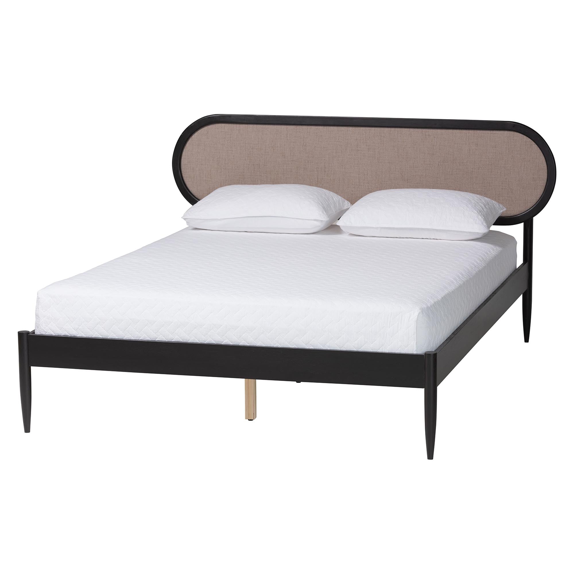 Shirin Mid-Century Beige Fabric and Black Wood Queen Platform Bed