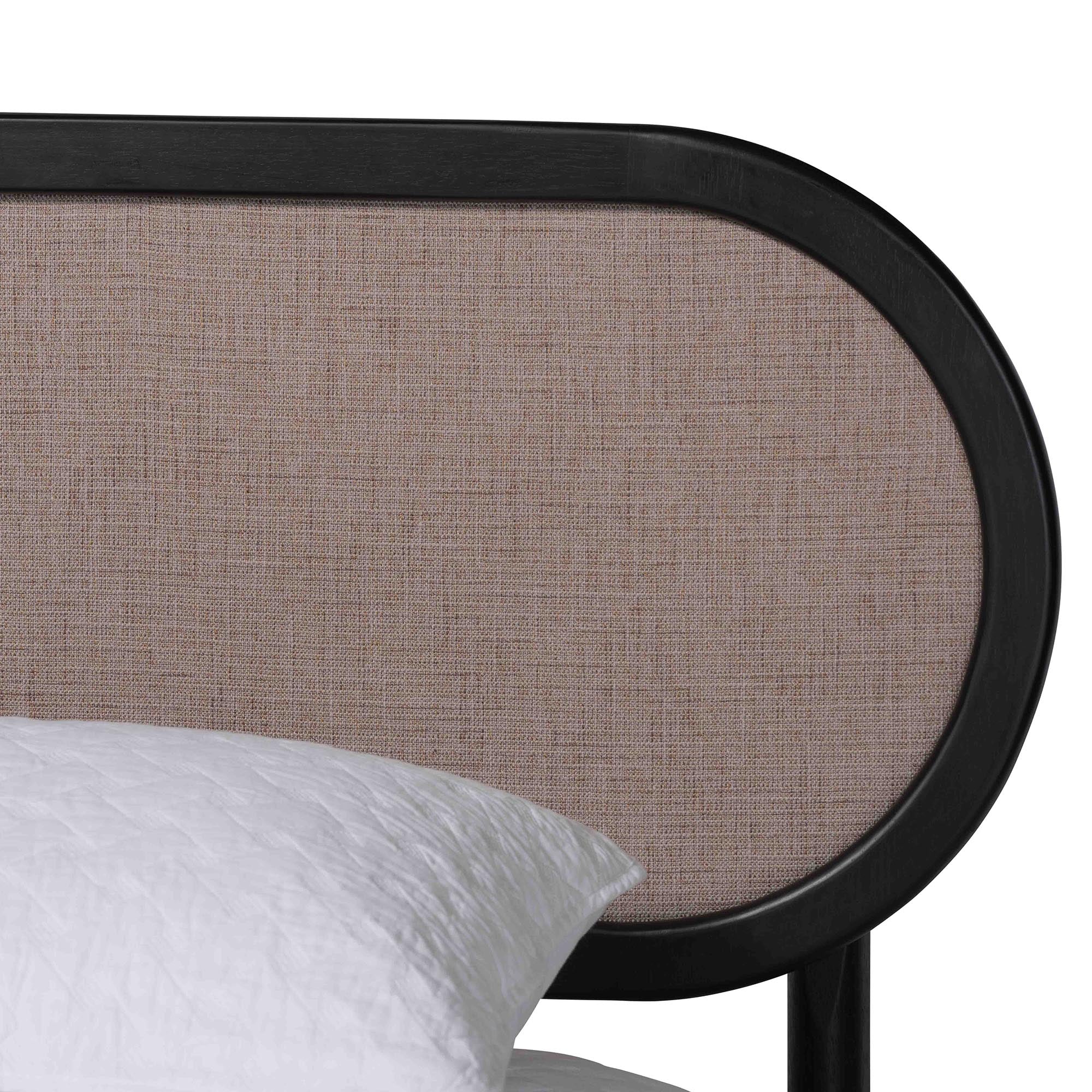 Shirin Mid-Century Beige Fabric and Black Wood Queen Platform Bed