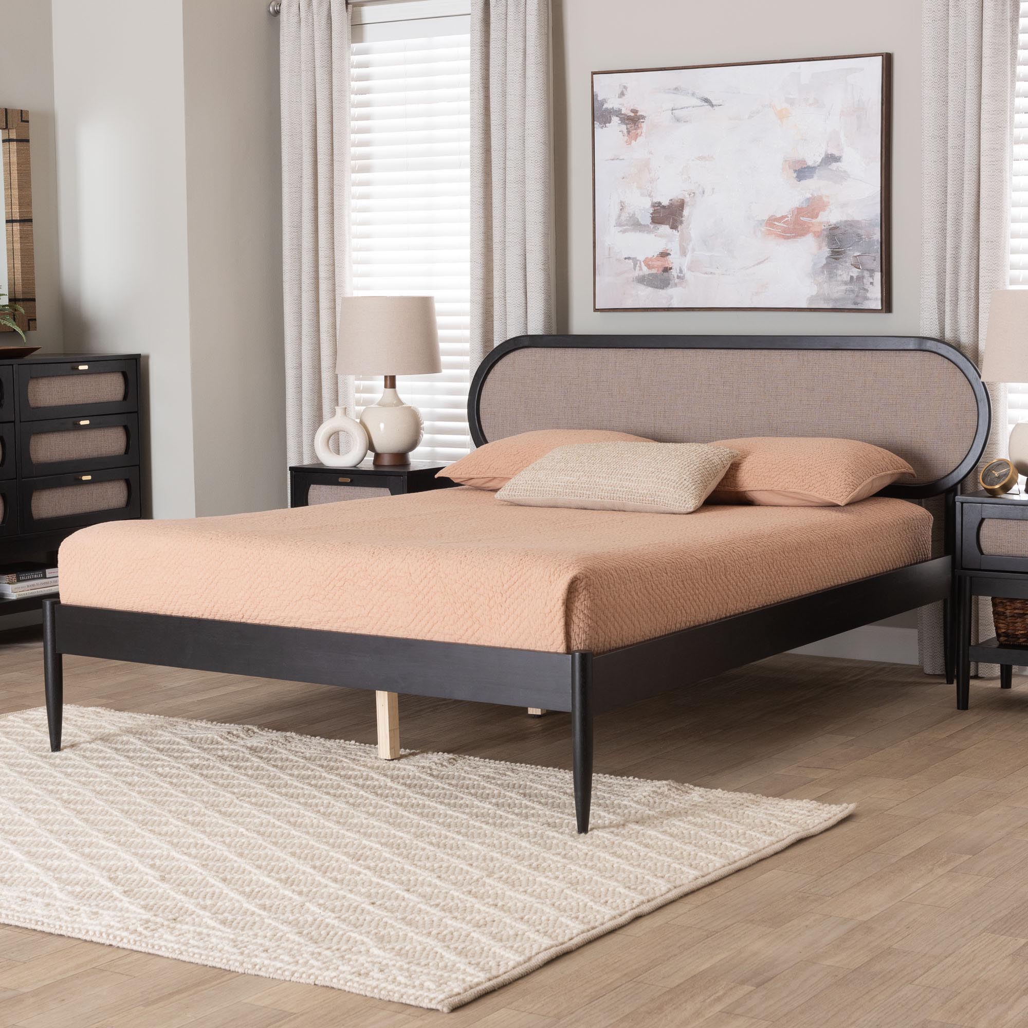 Shirin Mid-Century Beige Fabric and Black Wood Queen Platform Bed