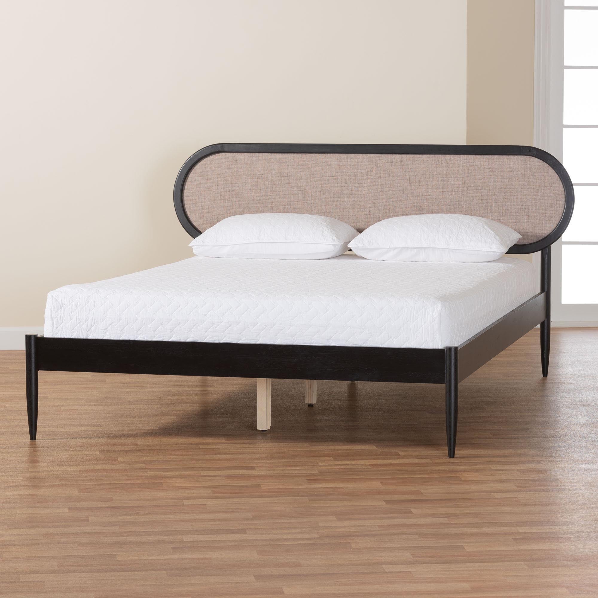 Shirin Mid-Century Beige Fabric and Black Wood Queen Platform Bed