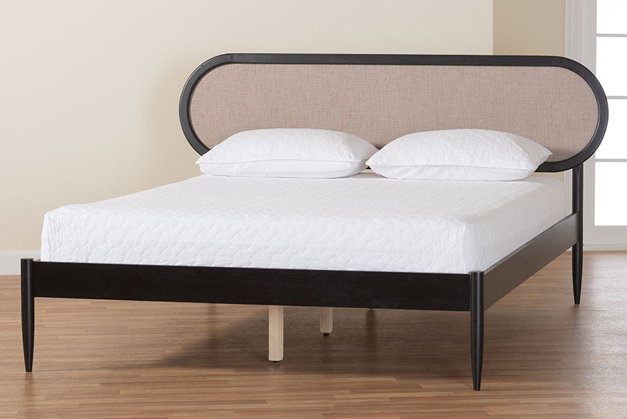 Shirin Mid-Century Beige Fabric and Black Wood Queen Platform Bed