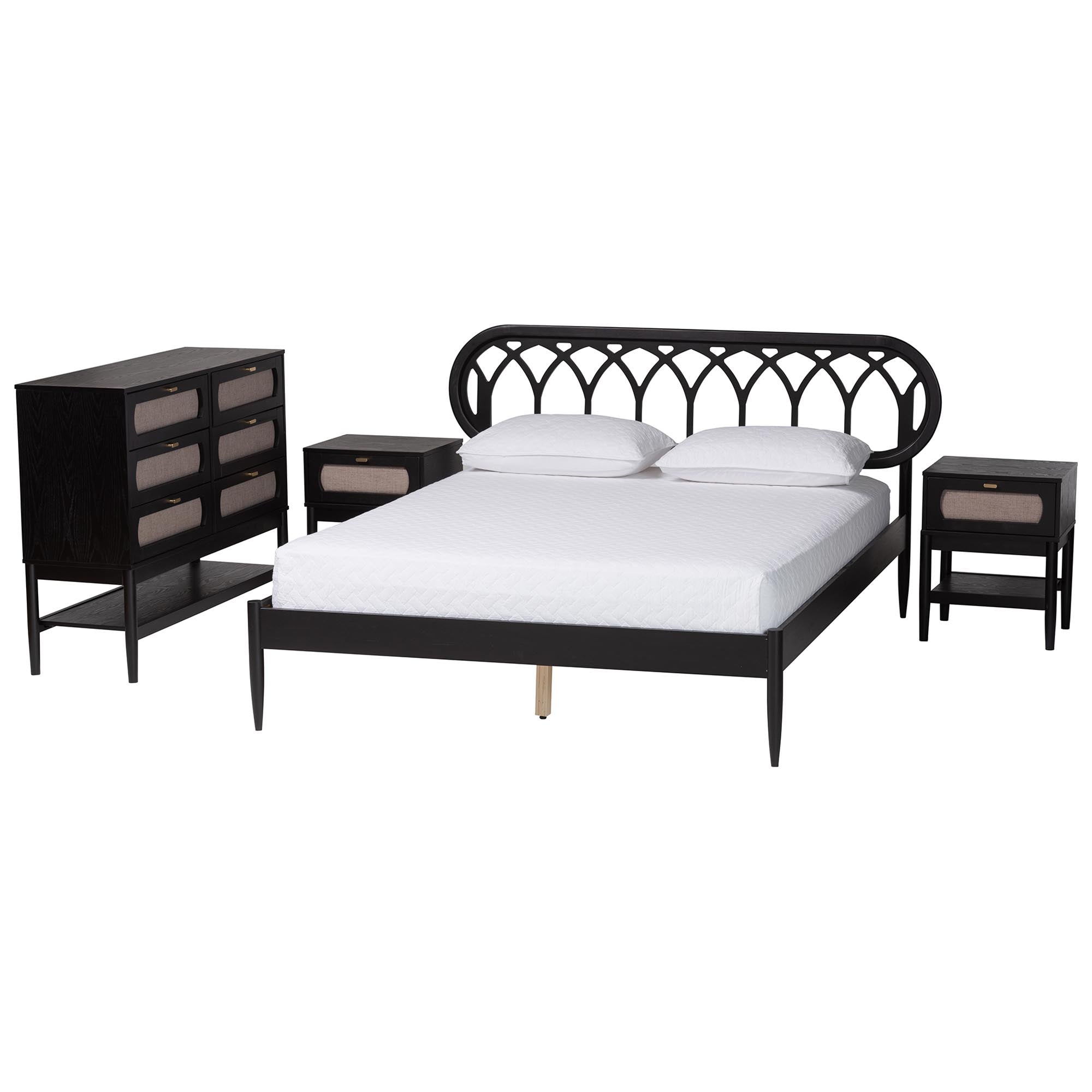 Baxton Studio Florica Art Deco Black Wood Queen 4-Piece Bedroom Set with Two Nightstands