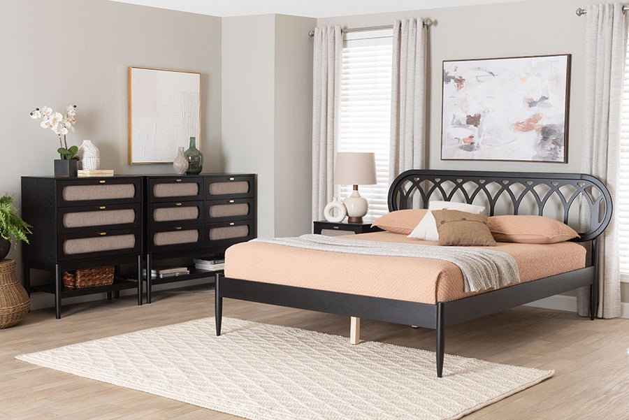 Florica Art Deco Black Wood Queen 4-Piece Bedroom Set
