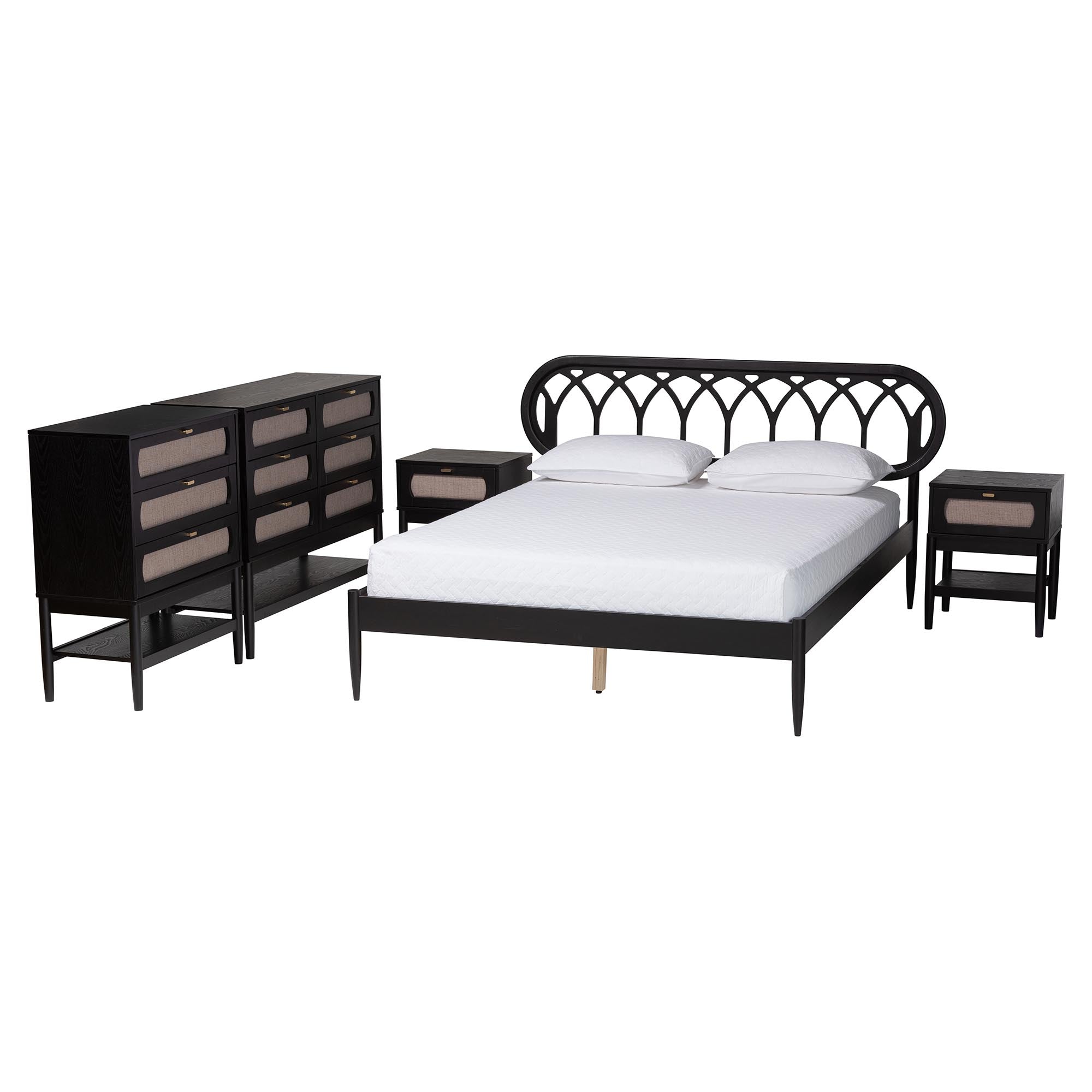 Baxton Studio Florica Art Deco Black Wood Queen 5-Piece Bedroom Set