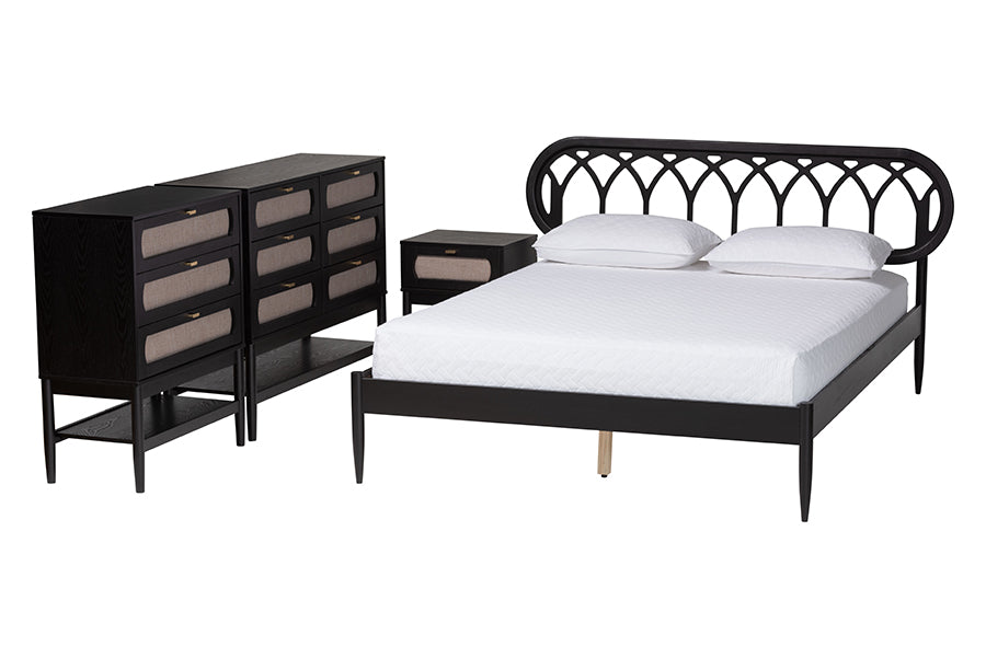Florica Art Deco Black Wood Queen 4-Piece Bedroom Set