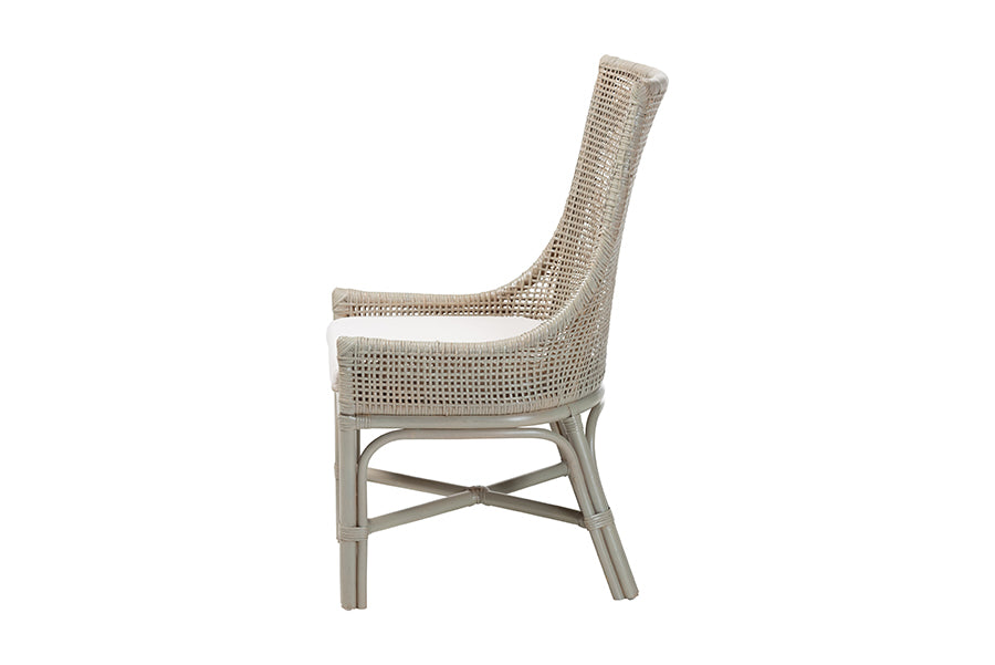 Bella Rattan Dining Chair with Cushion - Handwoven Wicker Accent Side Chair with High Backrest, Coastal Boho Seating for Kitchen or Dining Area, French Grey