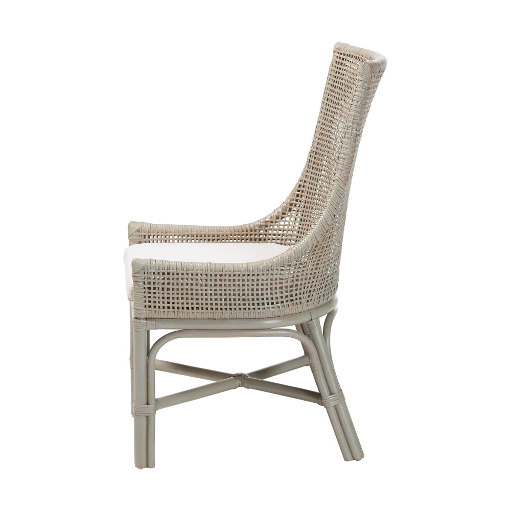 Bella Rattan Dining Chair with Cushion - Handwoven Wicker Accent Side Chair with High Backrest, Coastal Boho Seating for Kitchen or Dining Area, French Grey