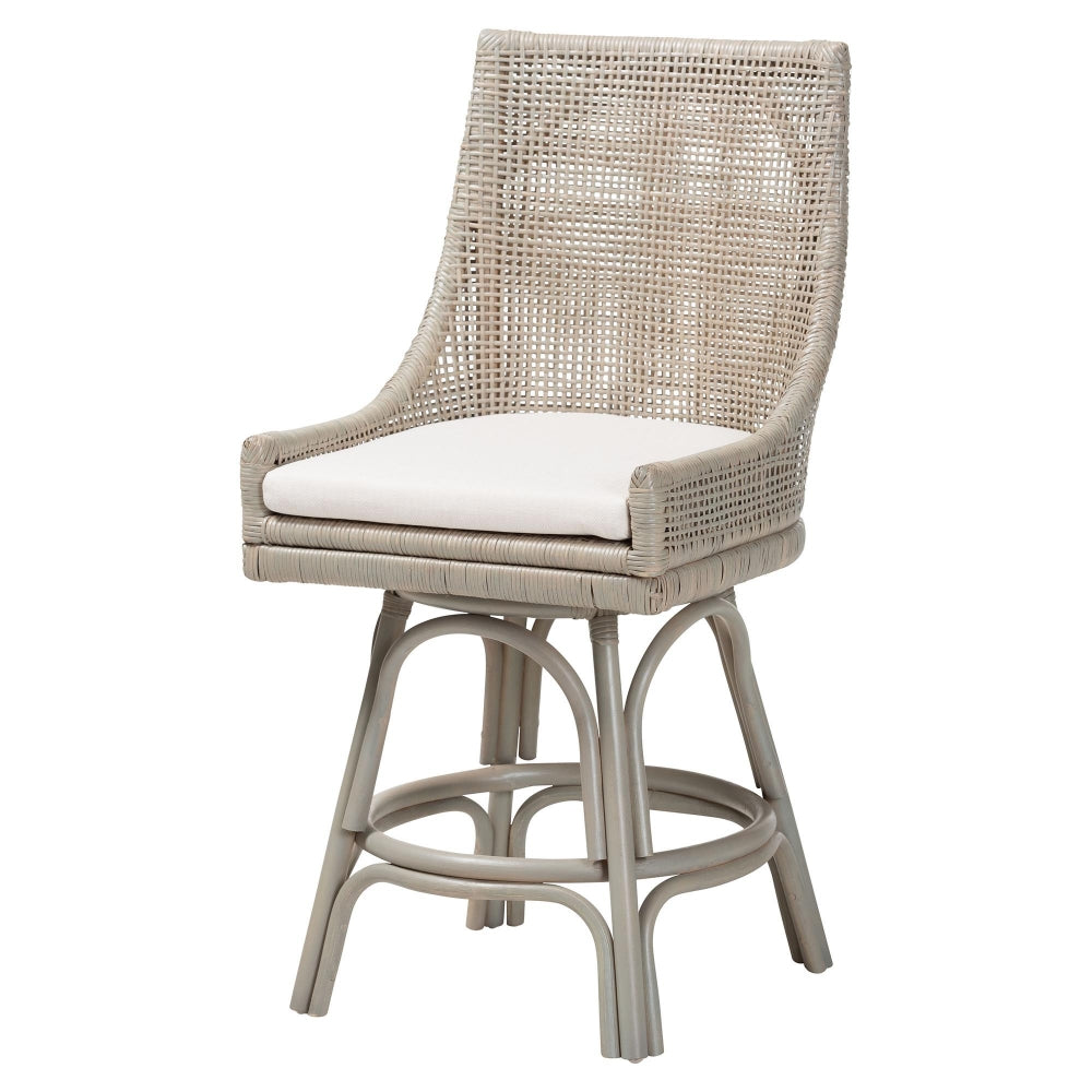 Bella Swivel Rattan Counter Stool with Cushion - Handwoven Wicker Kitchen Island Seating with Backrest and Footrest, French Grey