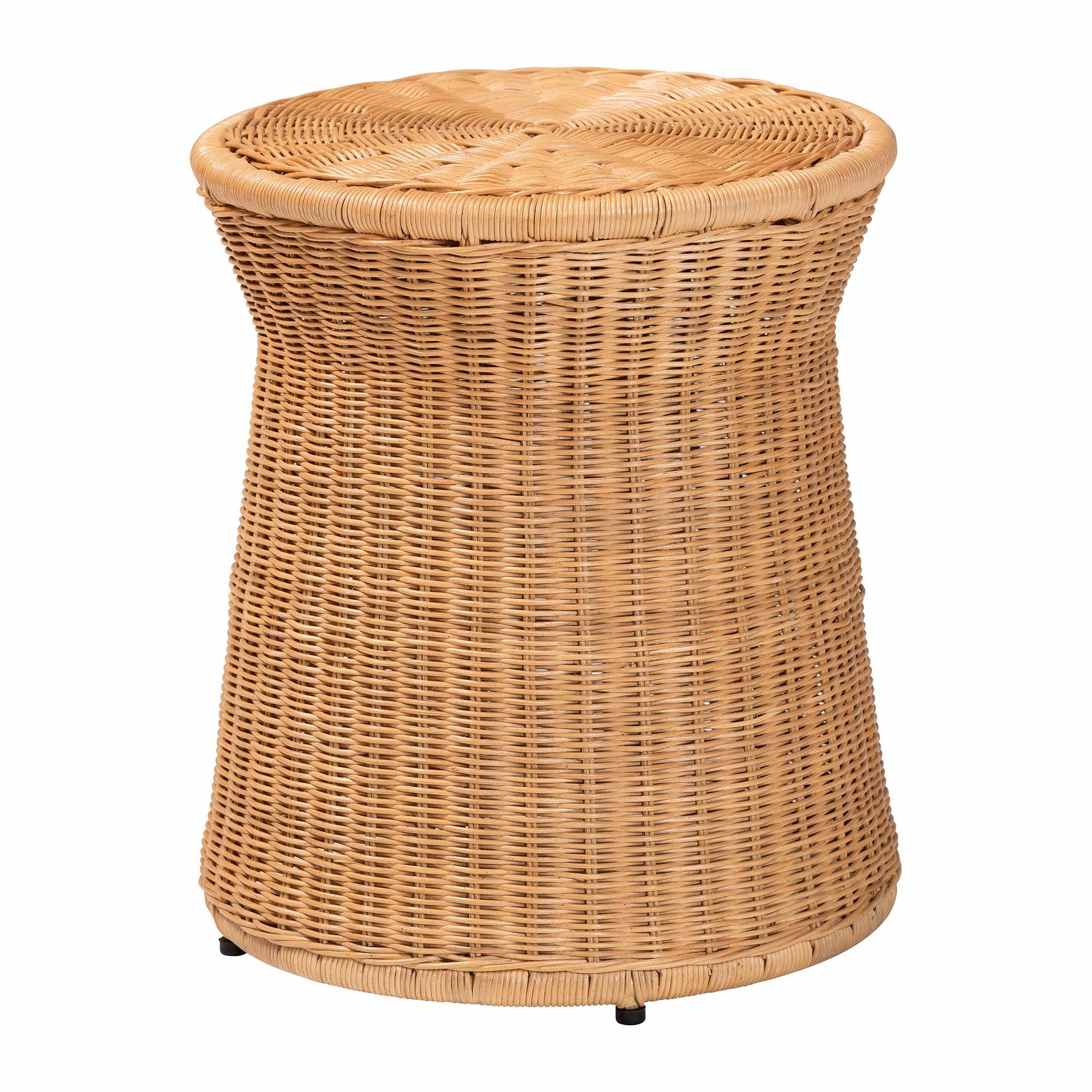 Caroline Round Natural Rattan End Table - Handwoven Wicker Drum Shape Accent Table for Living Room or Sunroom, Light Honey