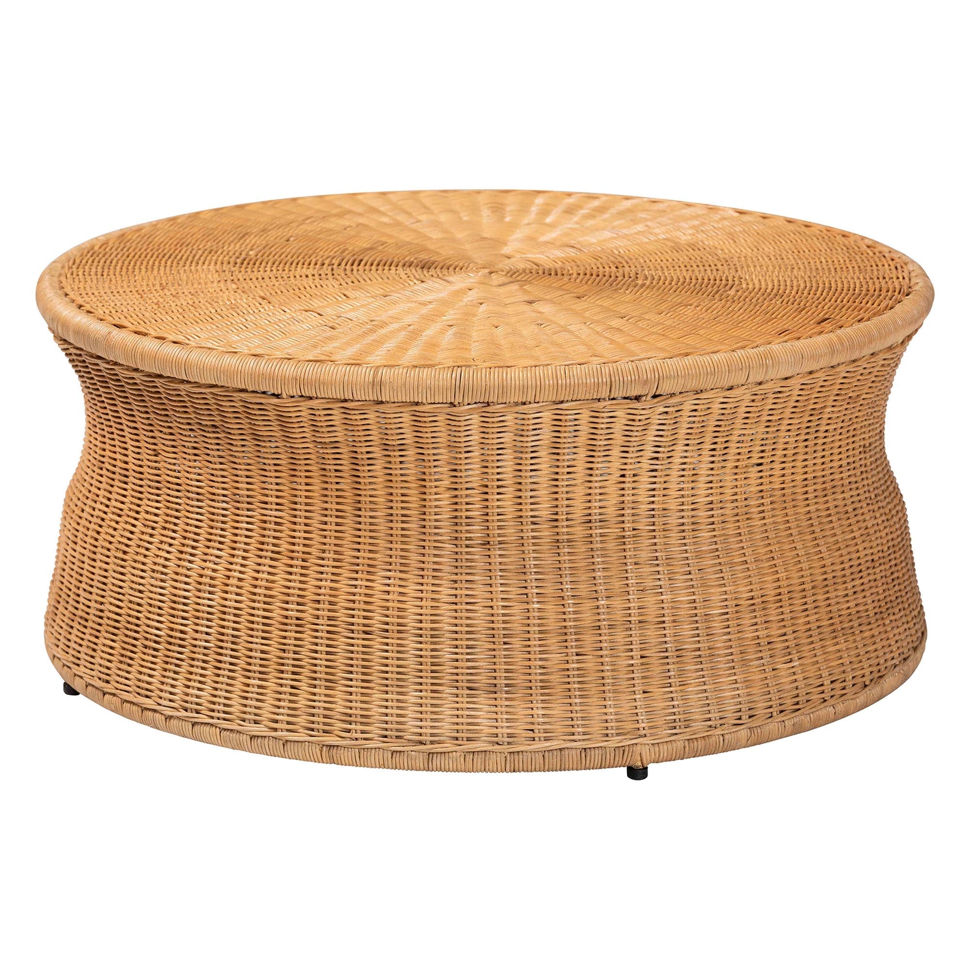 Caroline Round Natural Rattan Coffee Table - Handwoven Wicker Drum Shape Accent Table for Living Room or Sunroom, Light Honey