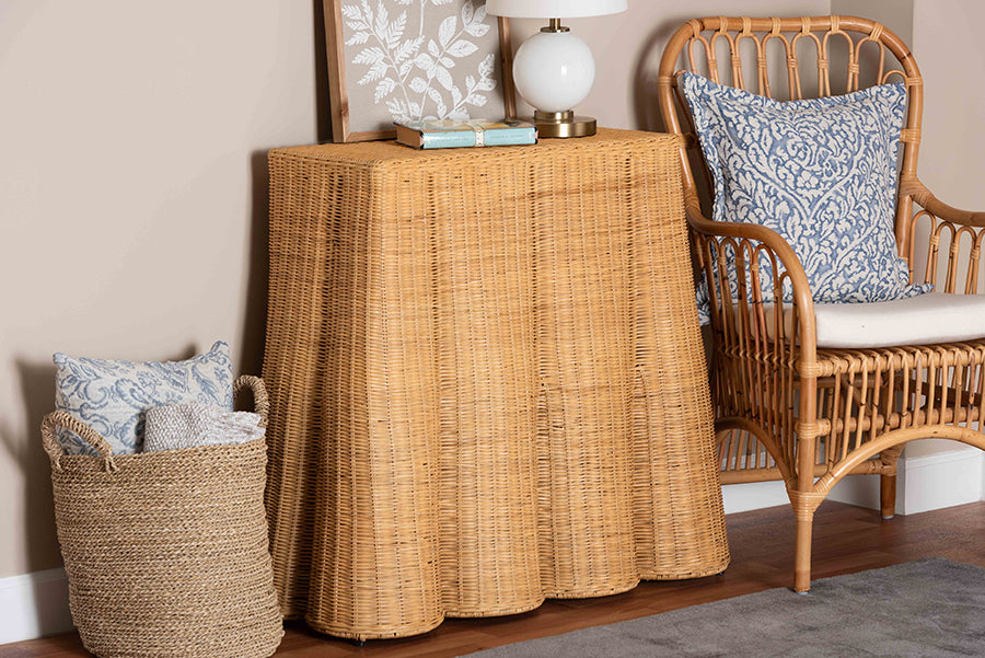 Palm Scallop Natural Rattan Console Table - Handwoven Wicker Accent Table for Hallway or Entryway, Coastal & Boho Décor, Rectangle 36"