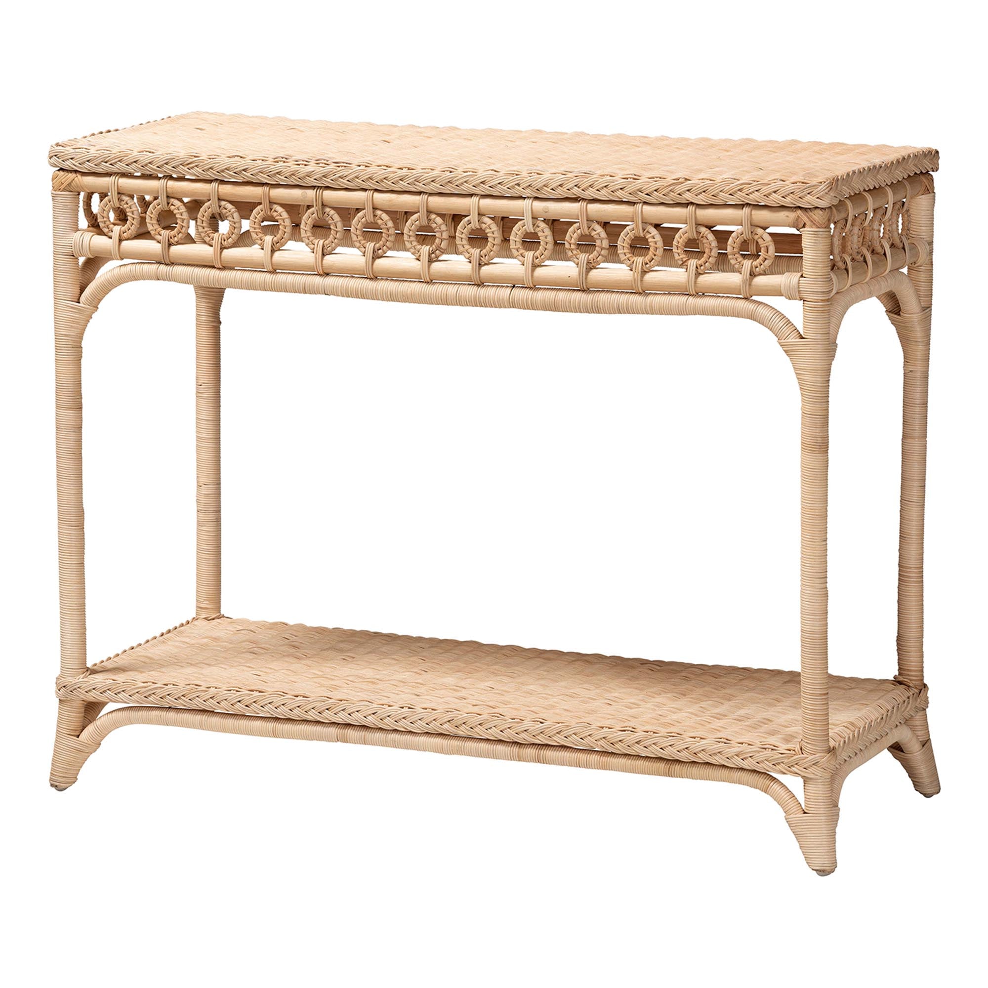 Oxford Braided Natural Rattan Console Table with Open Shelf - Coastal Boho Entryway or Hallway Accent Table with Decorative Loop Detailing