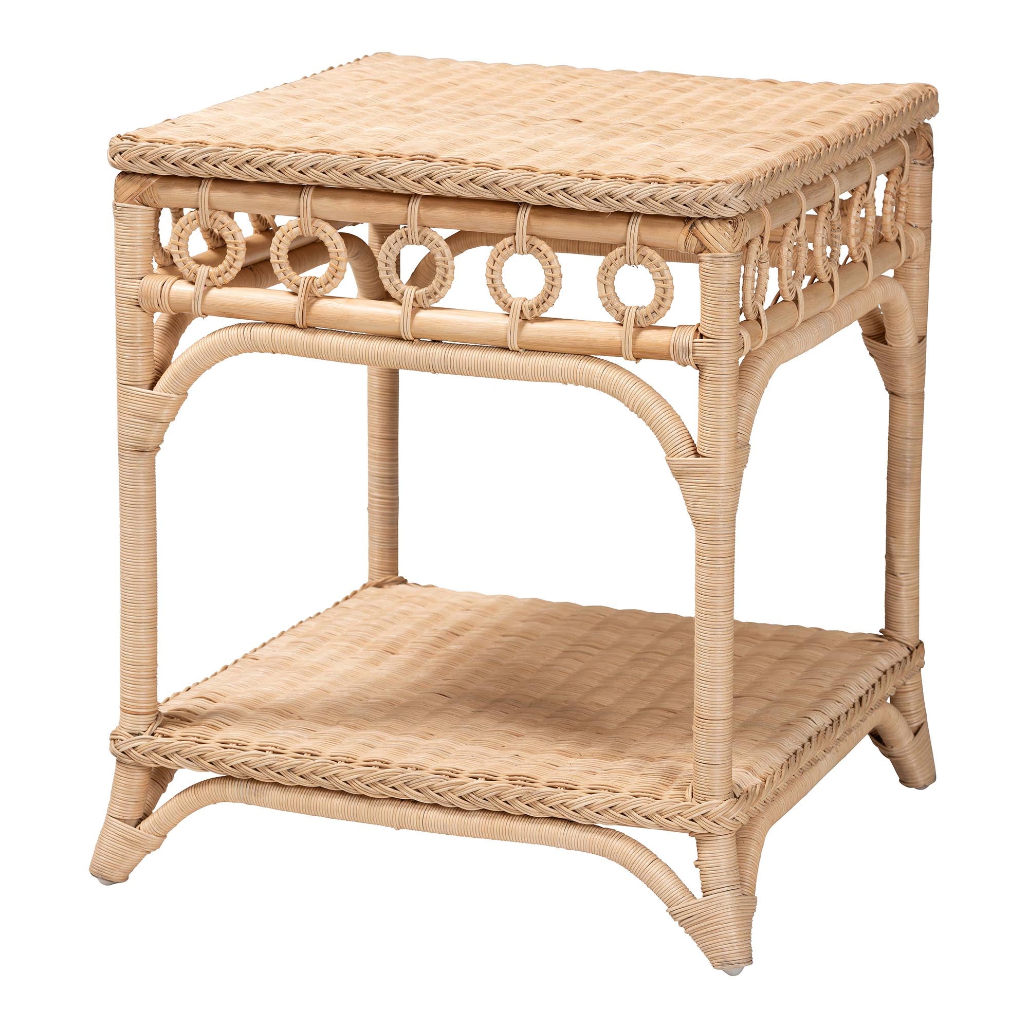 Oxford Braided Natural Rattan End Table with Shelf - Square Boho Accent Table with Decorative Loop Detailing, Coastal Style for Living Room or Bedroom