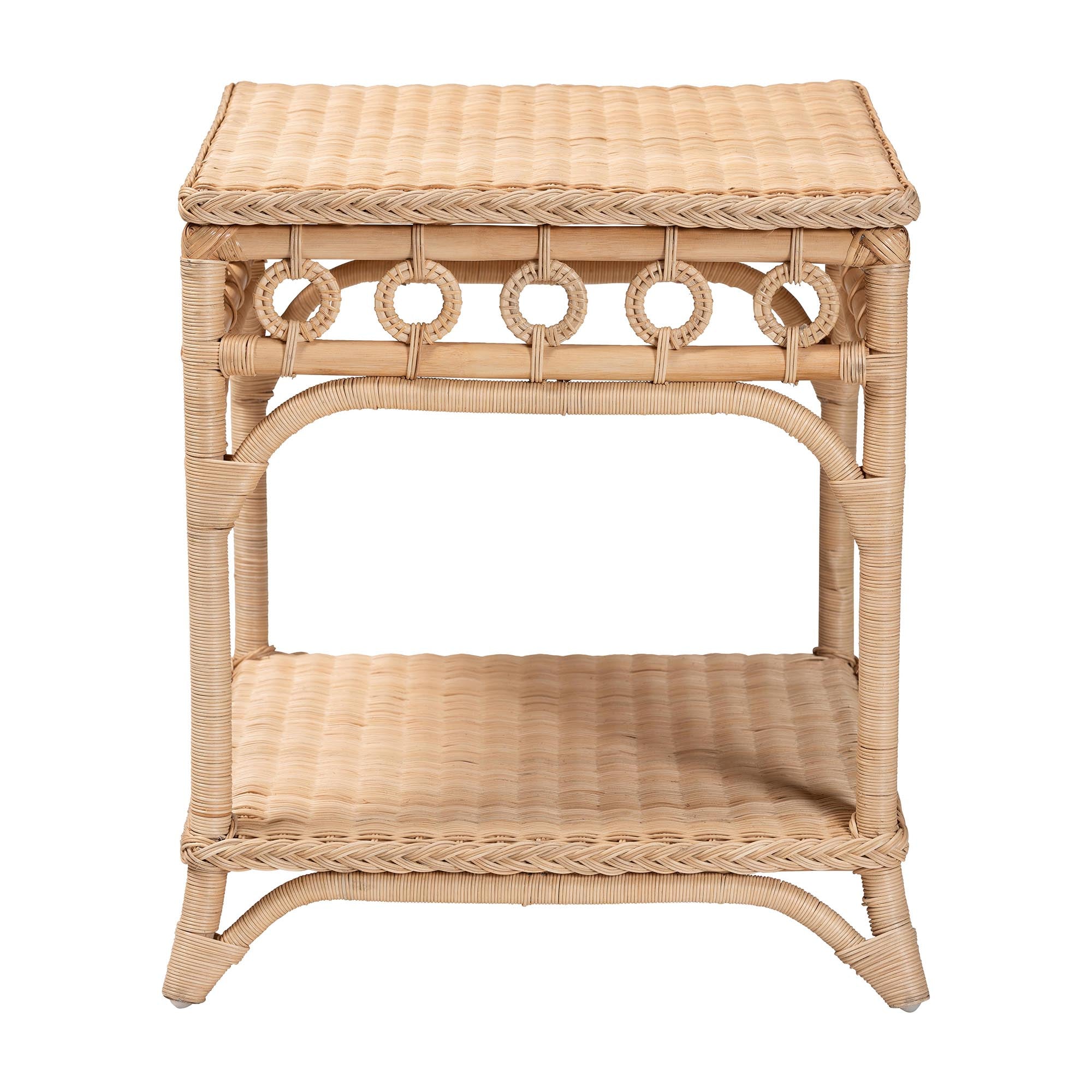 Oxford Braided Natural Rattan End Table with Shelf - Square Boho Accent Table with Decorative Loop Detailing, Coastal Style for Living Room or Bedroom
