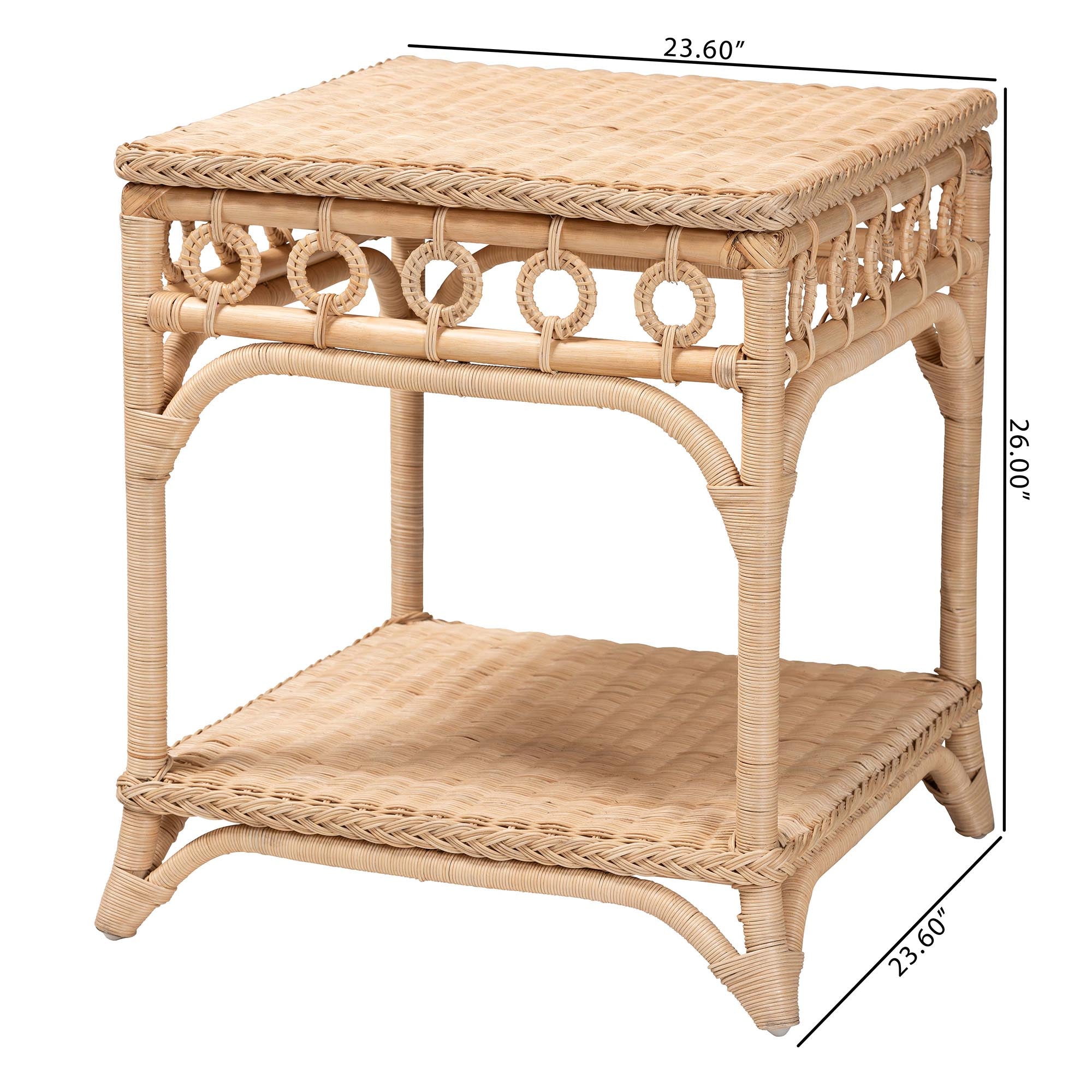 Oxford Braided Natural Rattan End Table with Shelf - Square Boho Accent Table with Decorative Loop Detailing, Coastal Style for Living Room or Bedroom