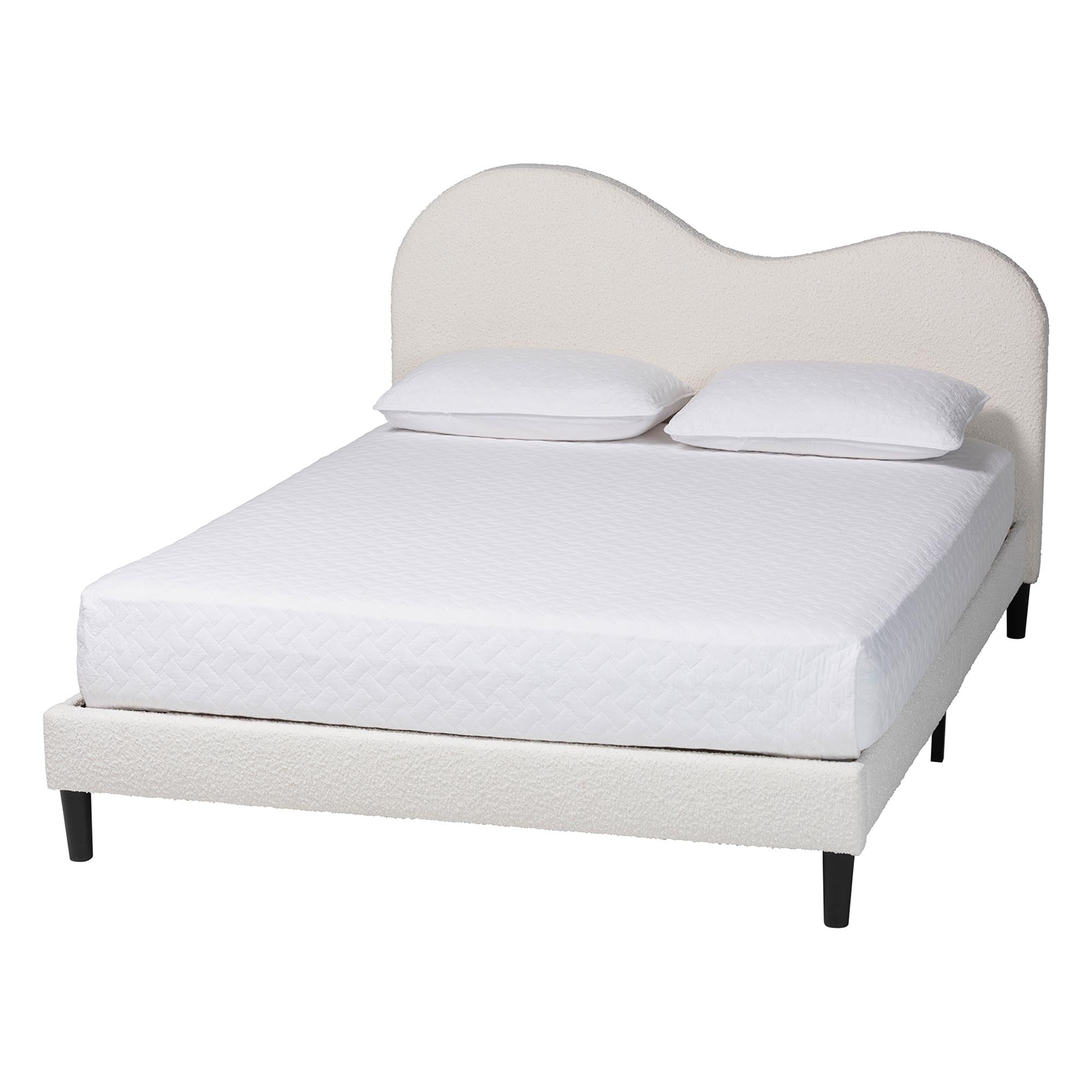 Dalton Boucle Upholstered Platform Bed - Soft Fabric Queen Size Bed Frame with Headboard, Minimalist Design, Cream