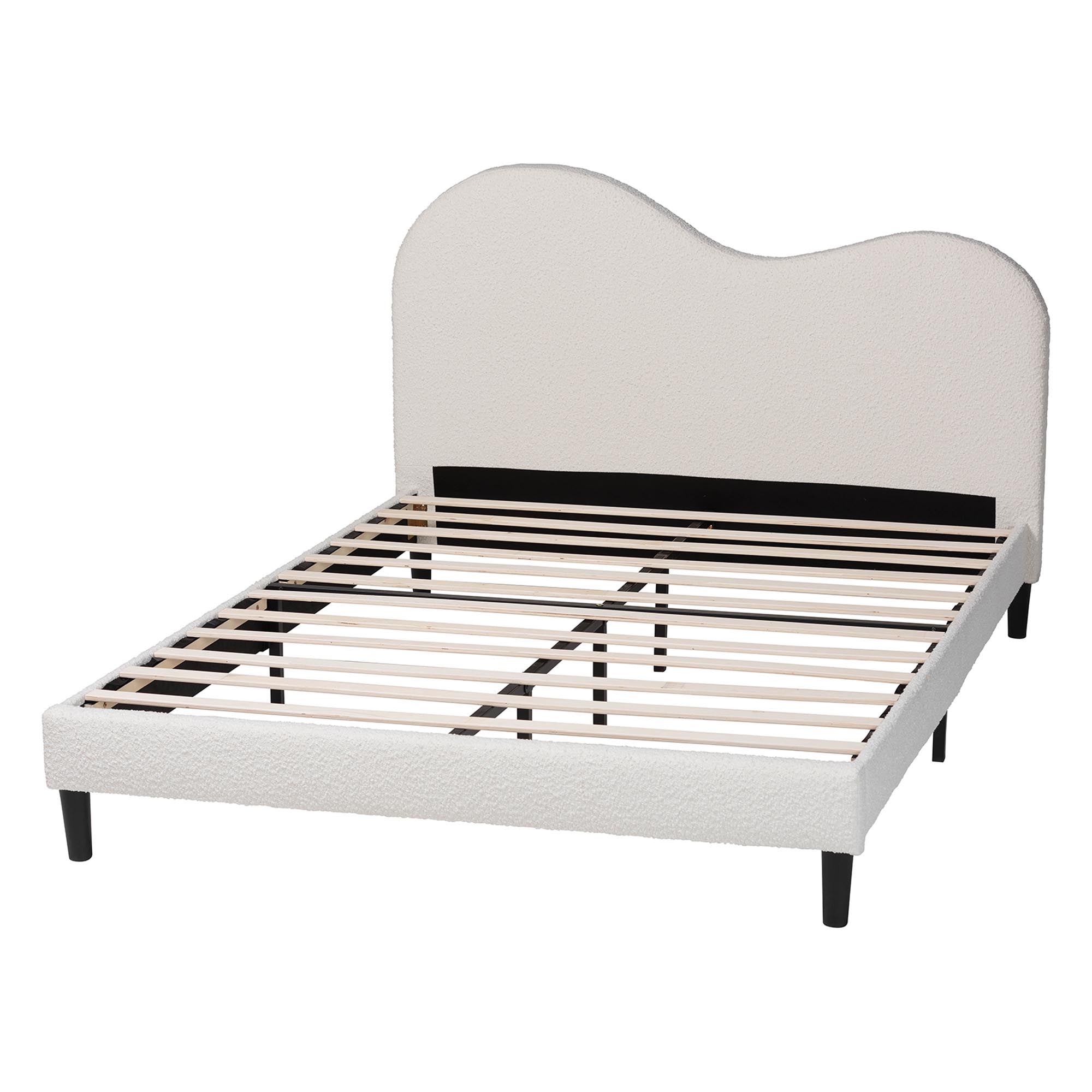 Dalton Boucle Upholstered Platform Bed - Soft Fabric Queen Size Bed Frame with Headboard, Minimalist Design, Cream