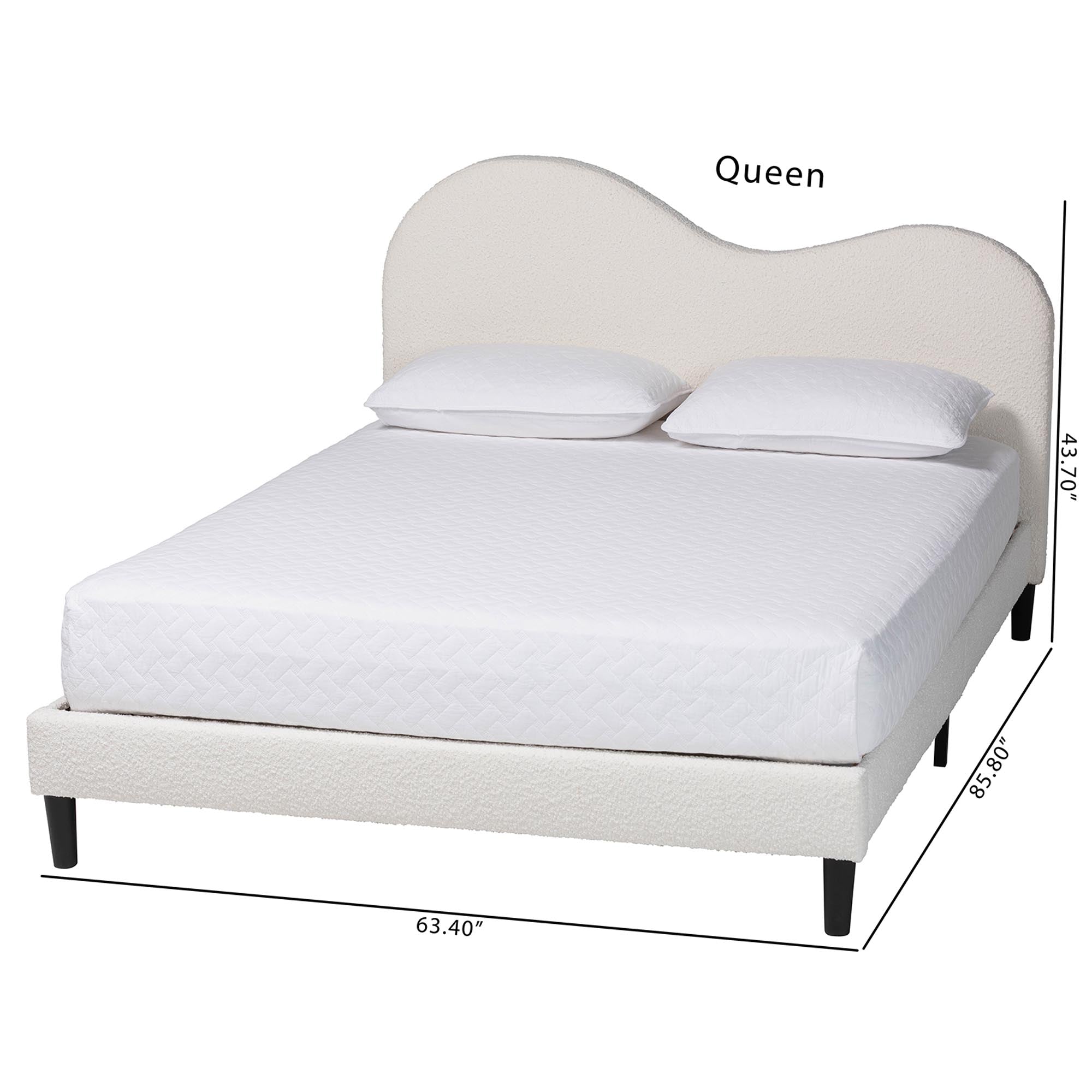 Dalton Boucle Upholstered Platform Bed - Soft Fabric Queen Size Bed Frame with Headboard, Minimalist Design, Cream