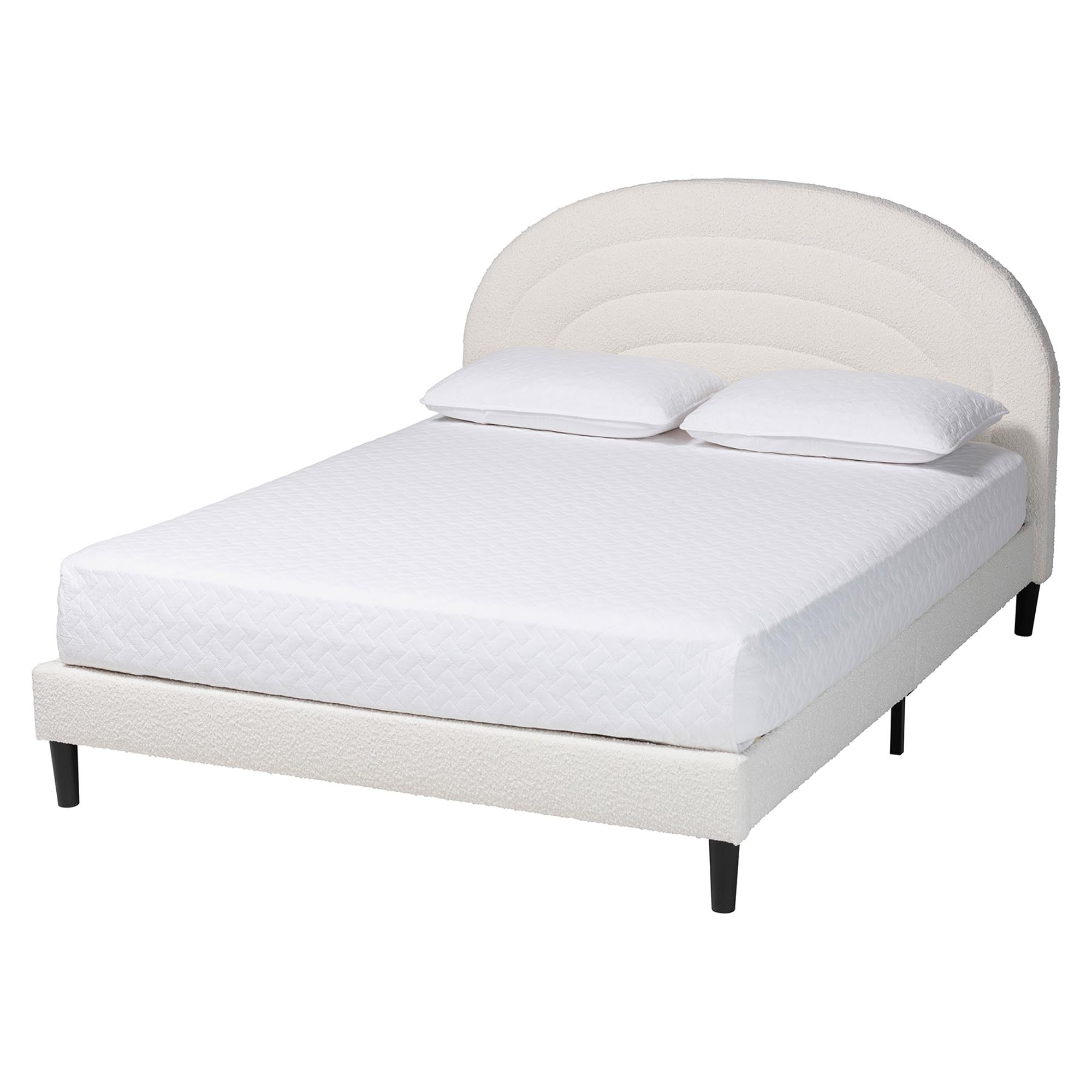 Pelagia Boucle Upholstered Platform Bed - Soft Fabric Queen Size Bed Frame with Padded Headboard, Minimalist Design, Cream