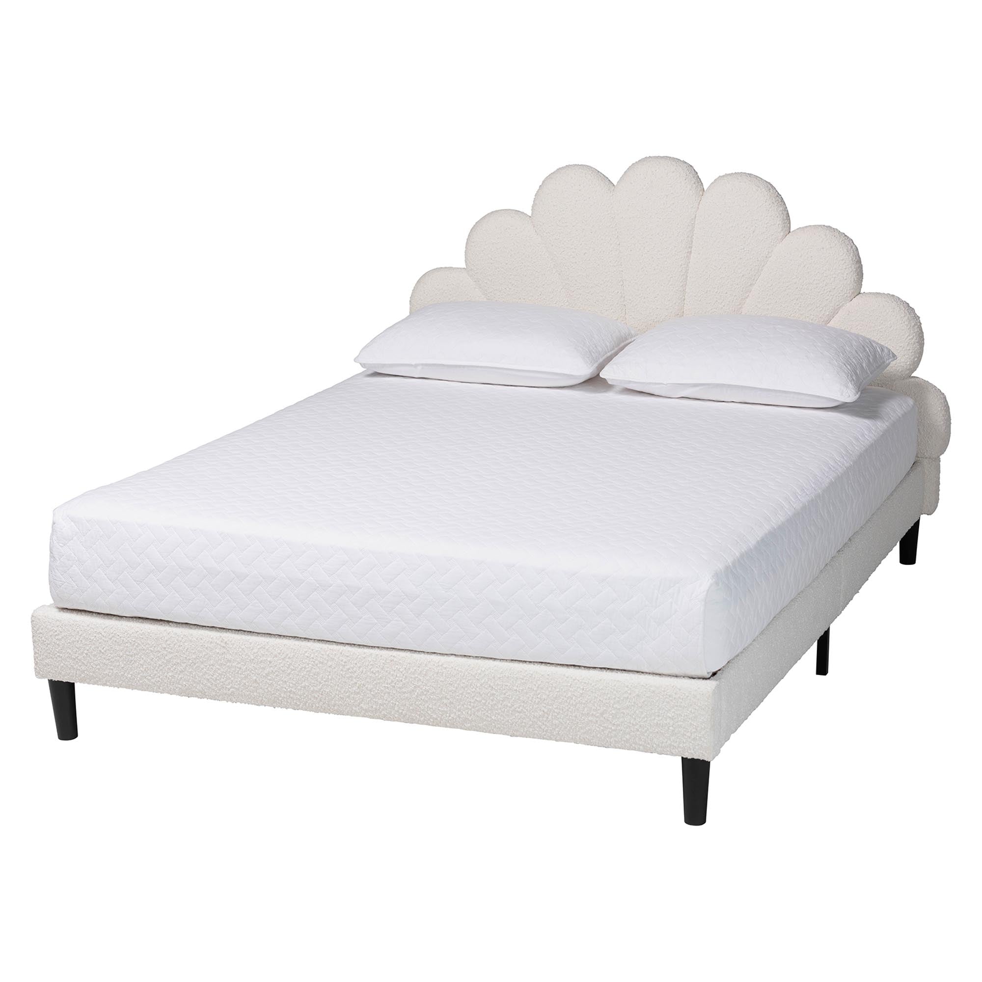 Albion Boucle Upholstered Platform Bed - Soft Fabric Queen Size Bed Frame with Padded Headboard, Minimalist Design, Cream