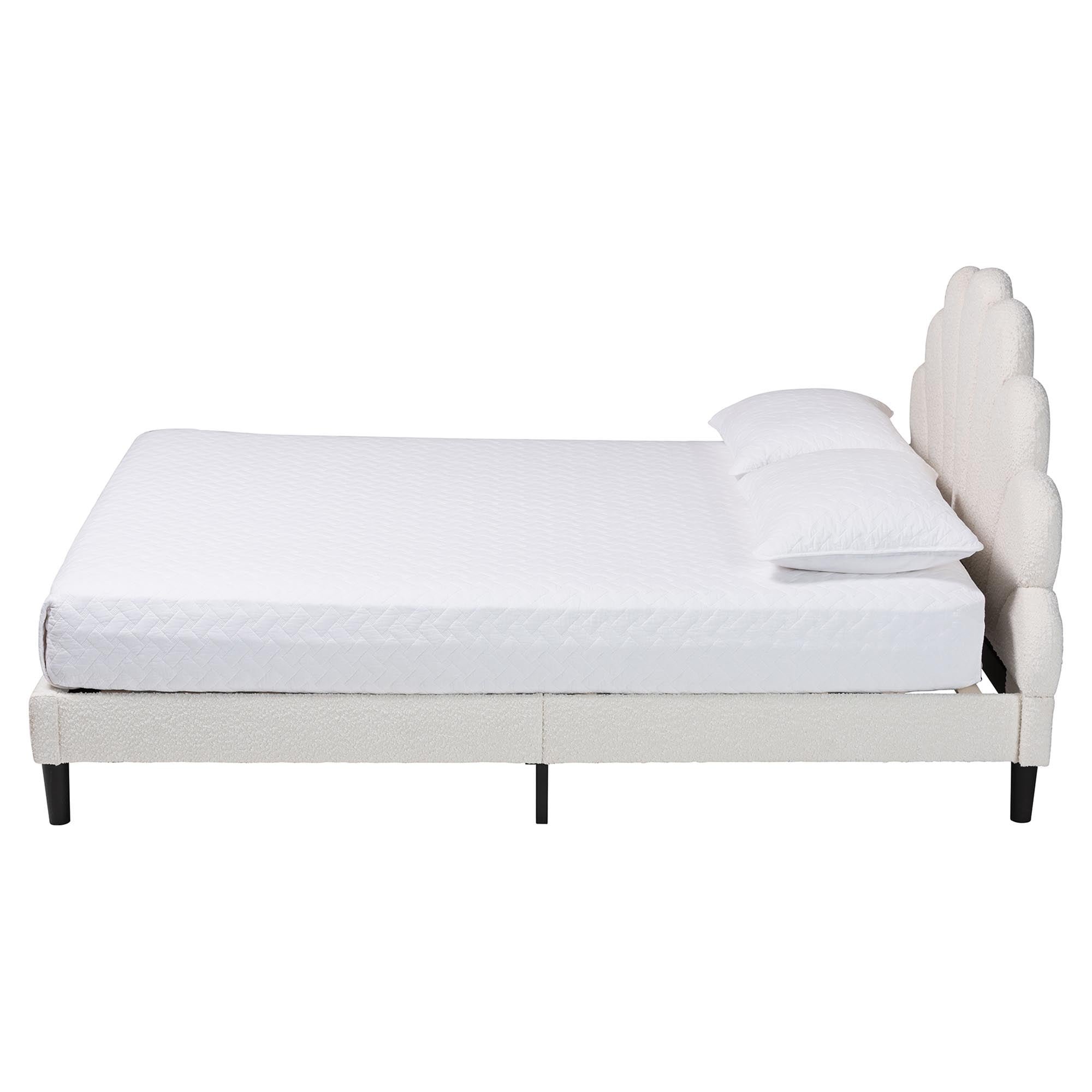 Albion Boucle Upholstered Platform Bed - Soft Fabric Queen Size Bed Frame with Padded Headboard, Minimalist Design, Cream