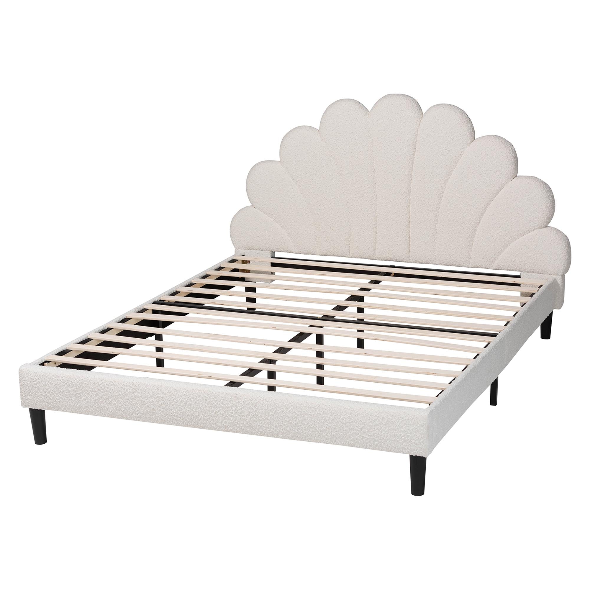 Albion Boucle Upholstered Platform Bed - Soft Fabric Queen Size Bed Frame with Padded Headboard, Minimalist Design, Cream