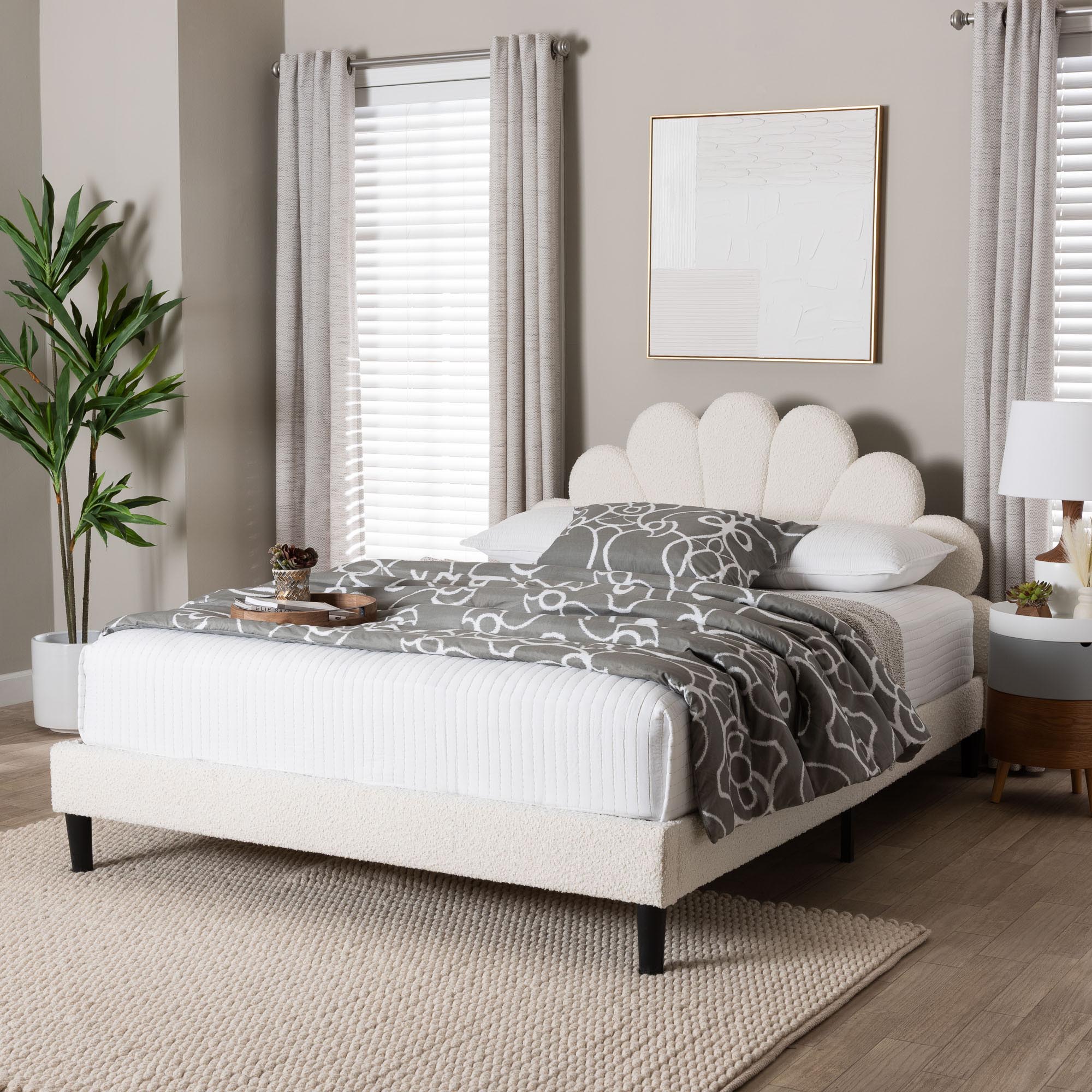 Albion Boucle Upholstered Platform Bed - Soft Fabric Queen Size Bed Frame with Padded Headboard, Minimalist Design, Cream